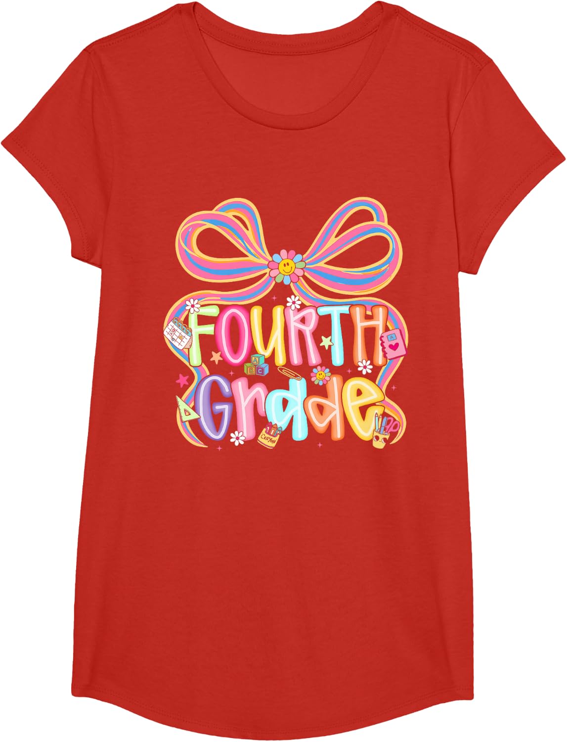 Preppy Fourth Grade Back to School Coquette Bow Teacher Kids T-Shirt - Girls Red