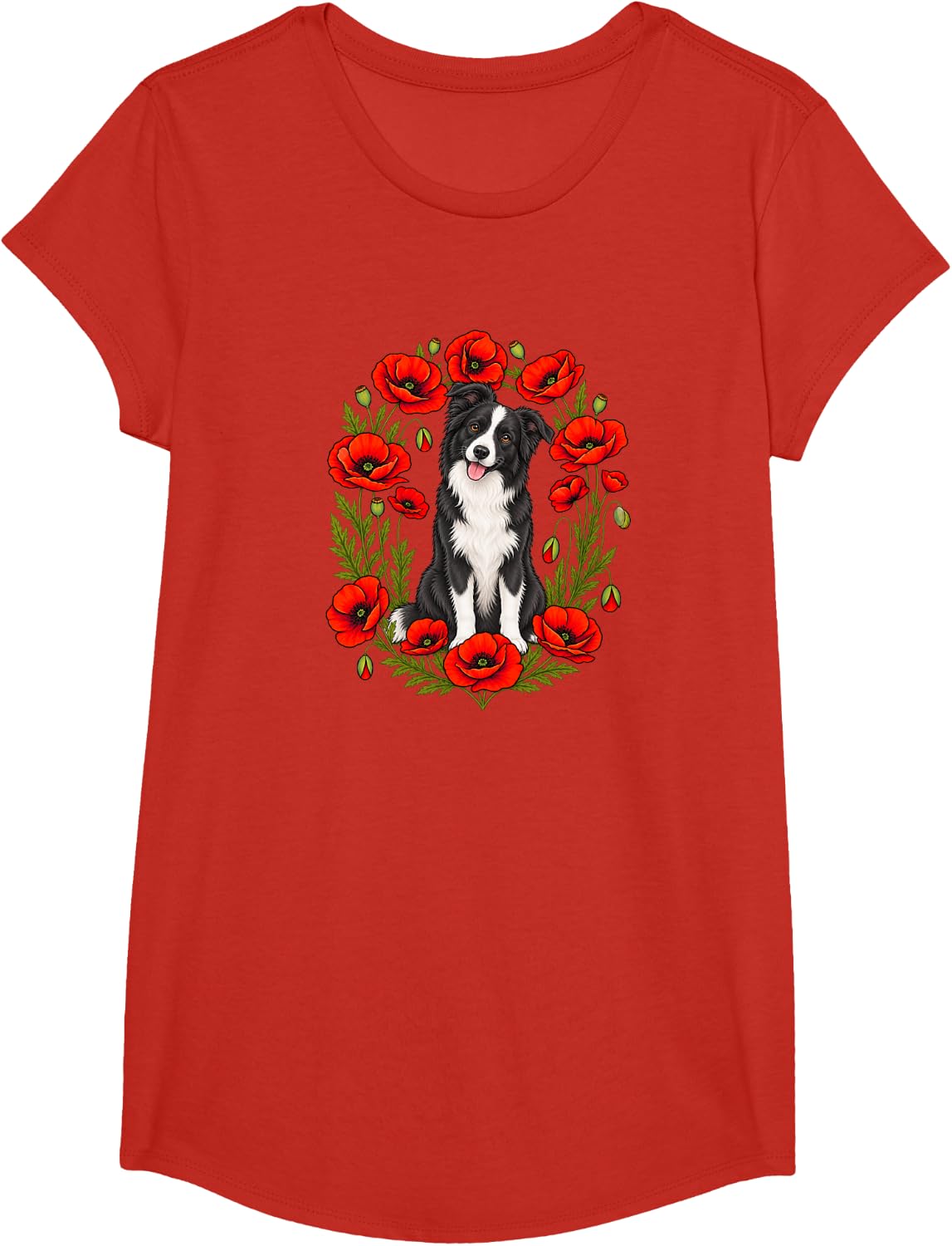 Womens Girls Flower Floral Black & White Border Collie Lover T-Shirt - Girls Red