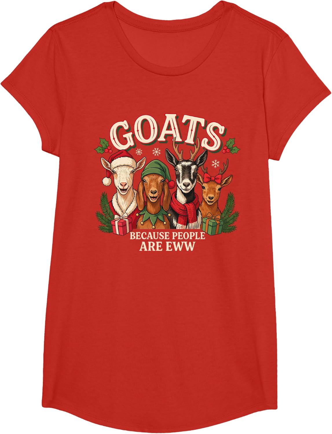 Goat Xmas People are Eww Holiday Crew T-Shirt - Girls Red