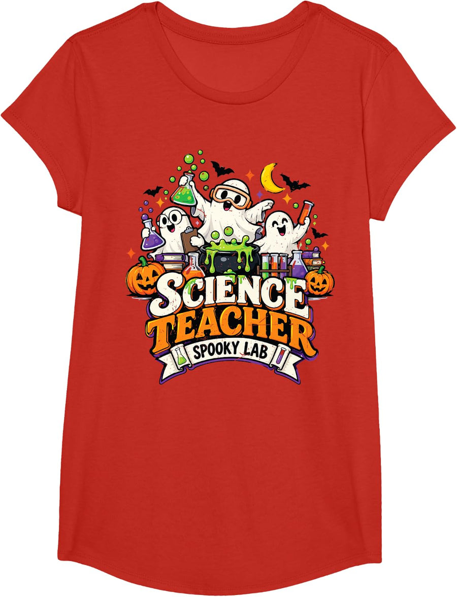 Ghost Science Teacher Spooky Lab Chemistry Halloween Costume T-Shirt - Girls Red
