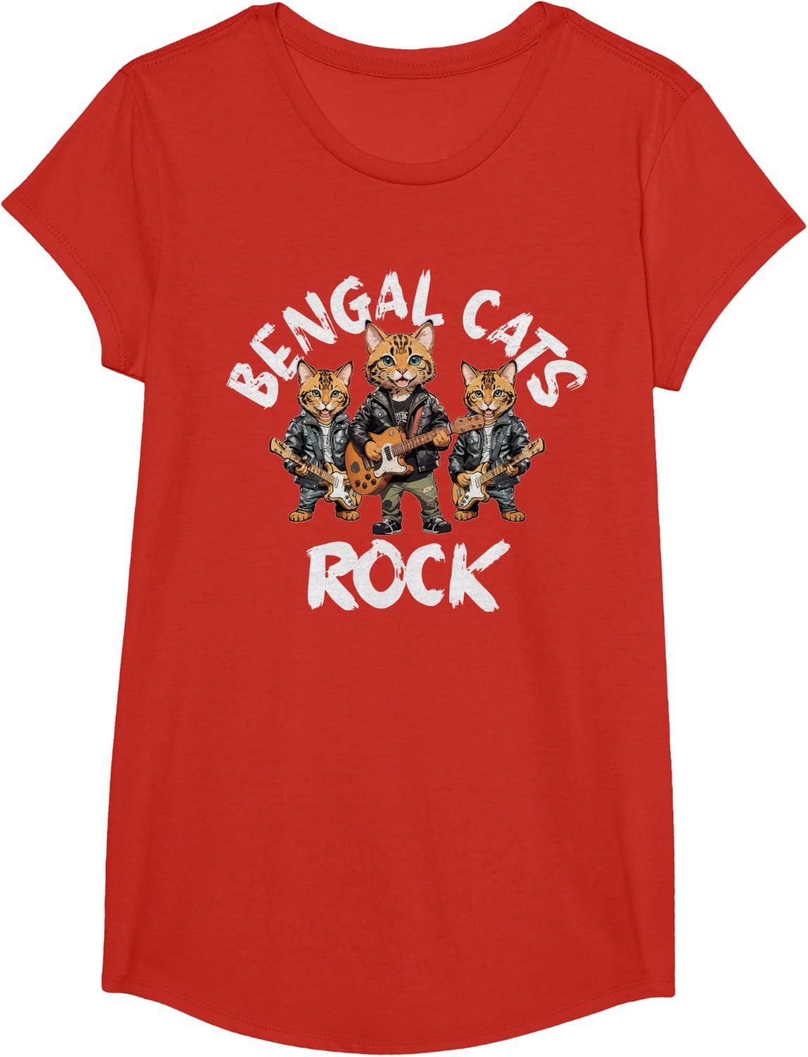 Bengal Cats Rock Cute Cool Furry Cat Trio Playing Guitar Men Women Girls Kids T-Shirt - Girls Red