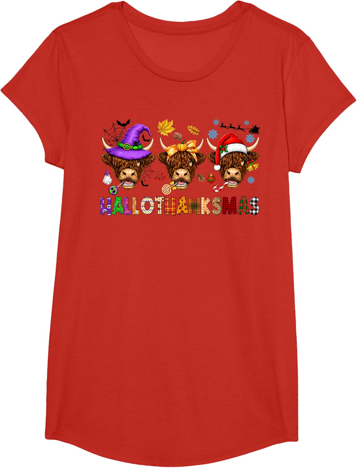 Hallothanksmas Highland Cows Halloween Thanksgiving Xmas T-Shirt - Girls Red