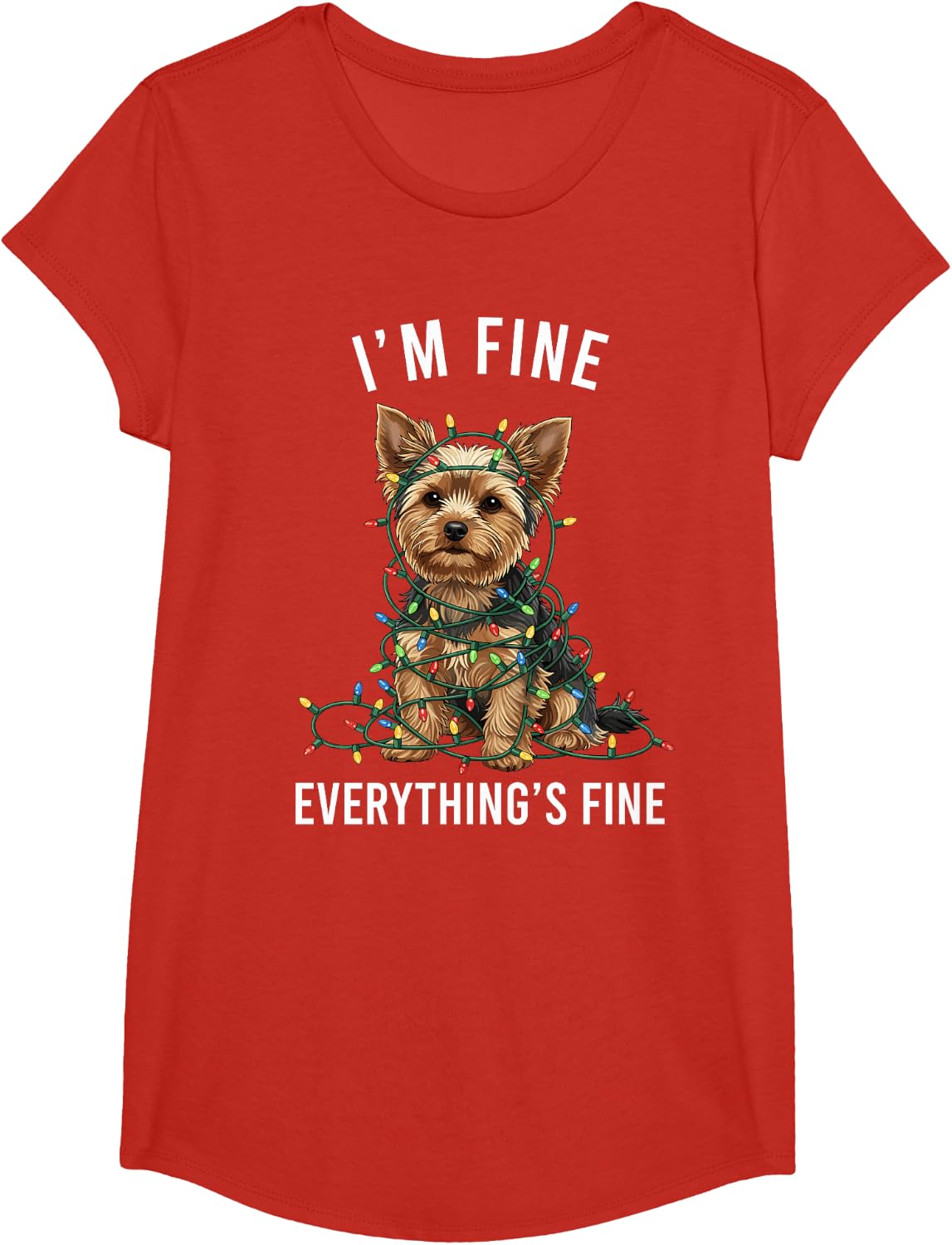 Yorkshire Terrier Christmas I'm Fine Everything is Fine T-Shirt - Girls Red