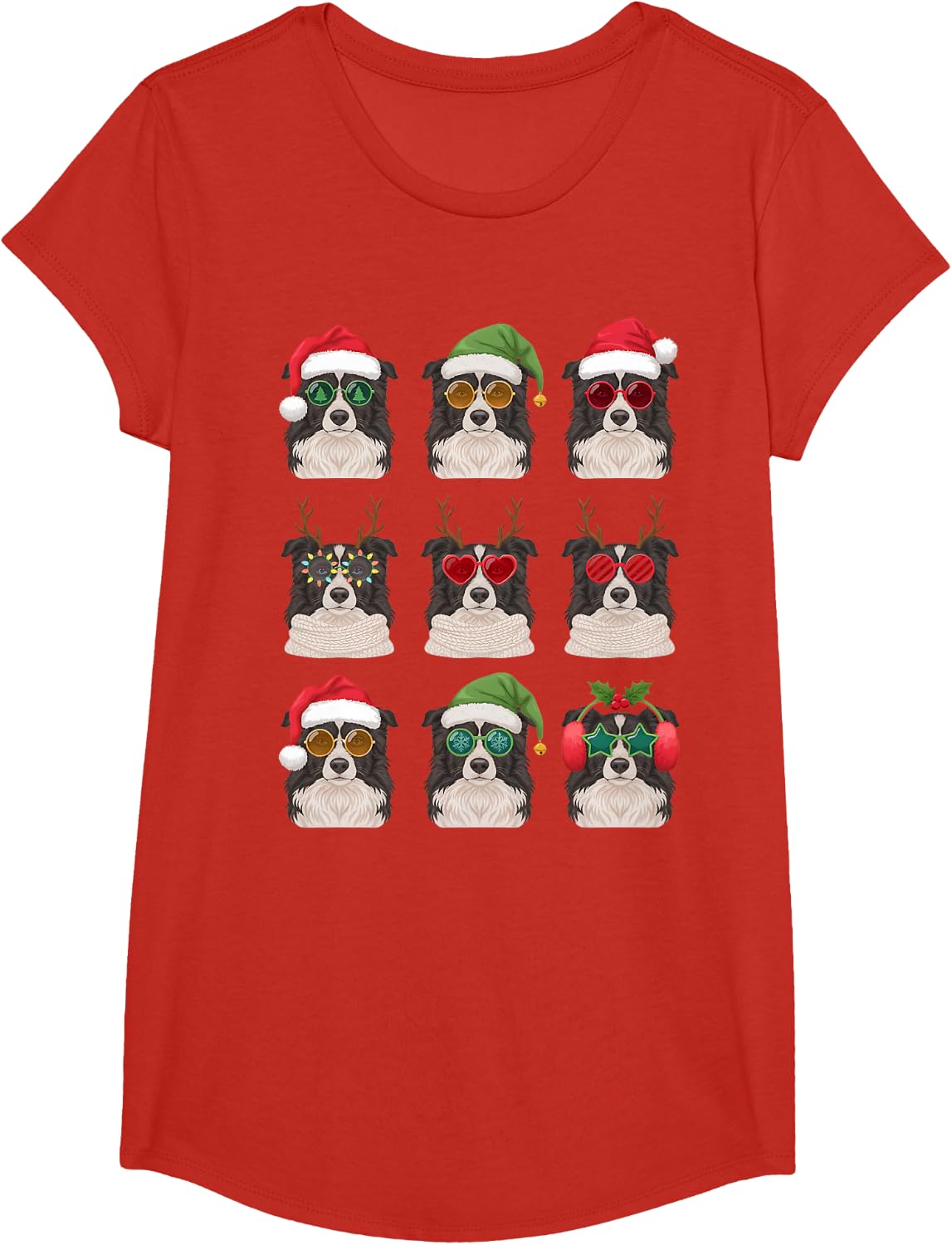 Cute Border Collie Funny Christmas Pajama Silly Dog Mom T-Shirt - Girls Red