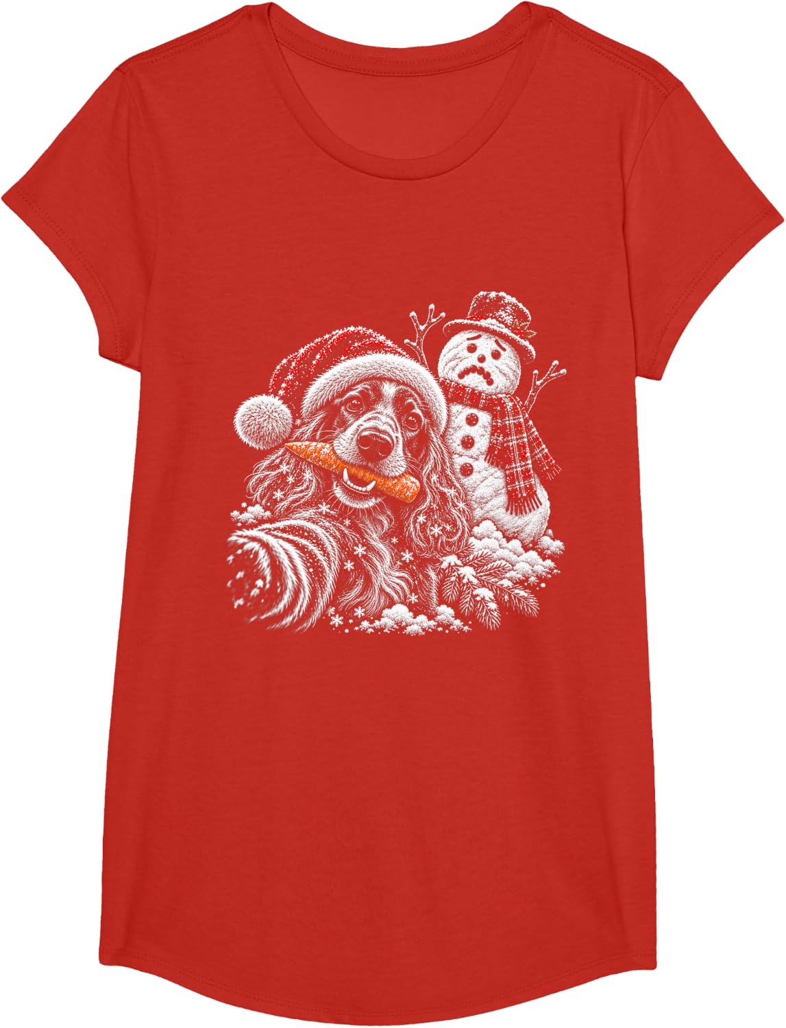 English Cocker Spaniel Christmas Selfie Stole The Snowman T-Shirt - Girls Red