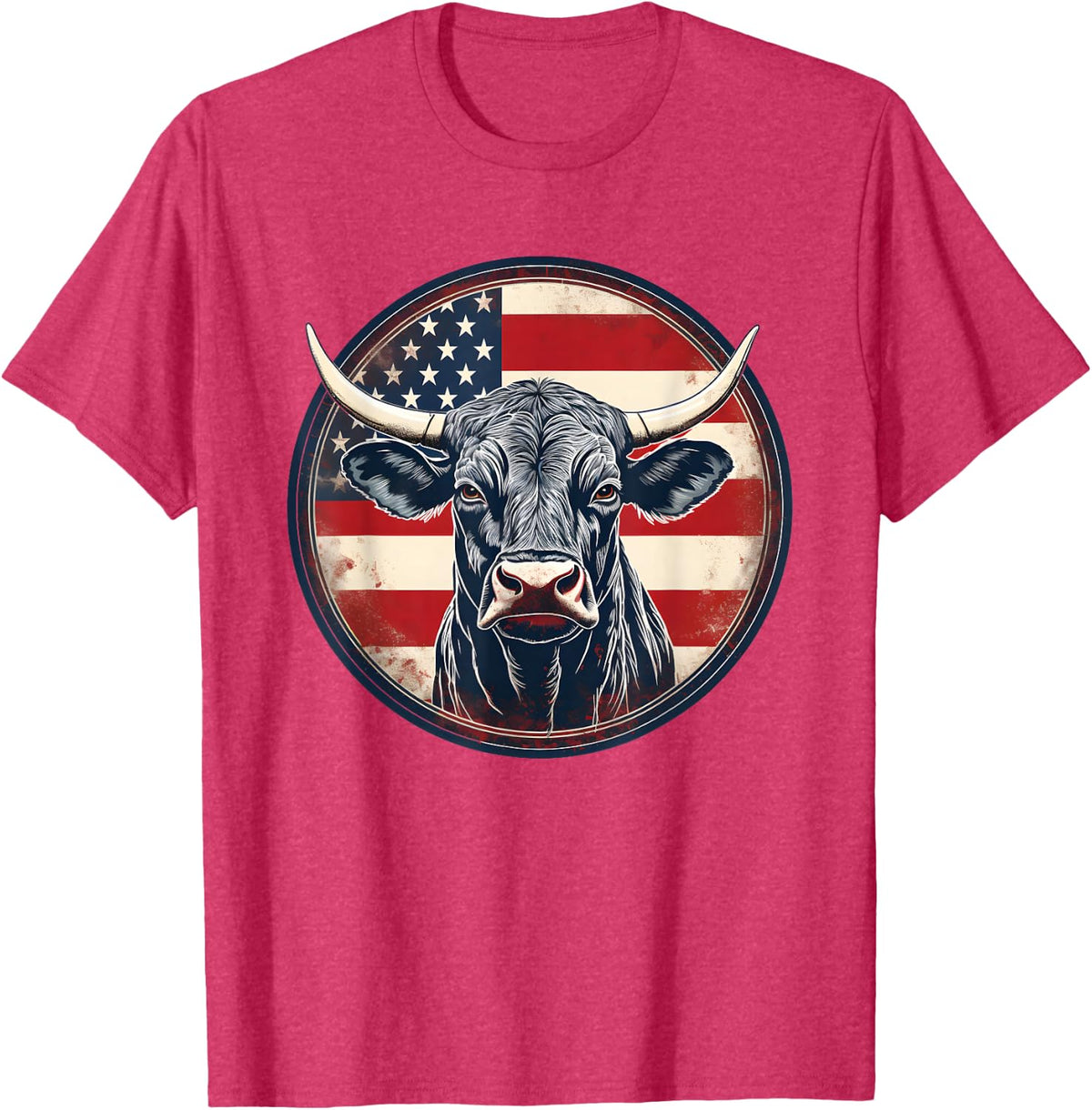 Bull American Flag Rodeo Distressed Cowboy T-Shirt Red Western Tee - Red Heather