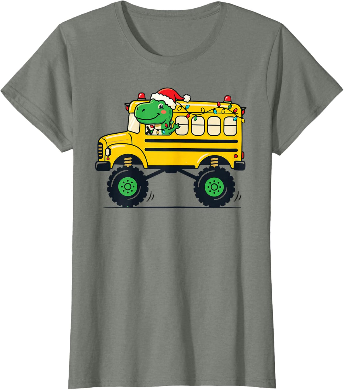 Dinosaur Christmas School Bus Driver Funny Dino Santa Name T-Shirt - Olive Heather