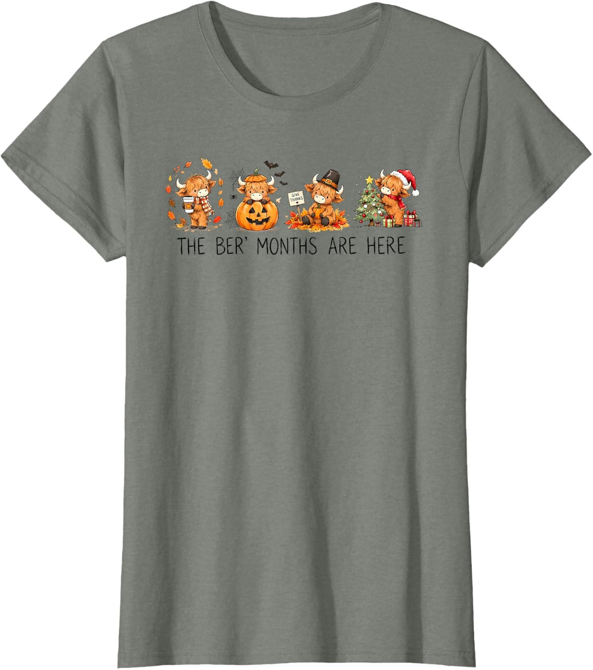 The BER Months are Here Highland Cow HalloThanksMas Pumpkin T-Shirt - Olive Heather