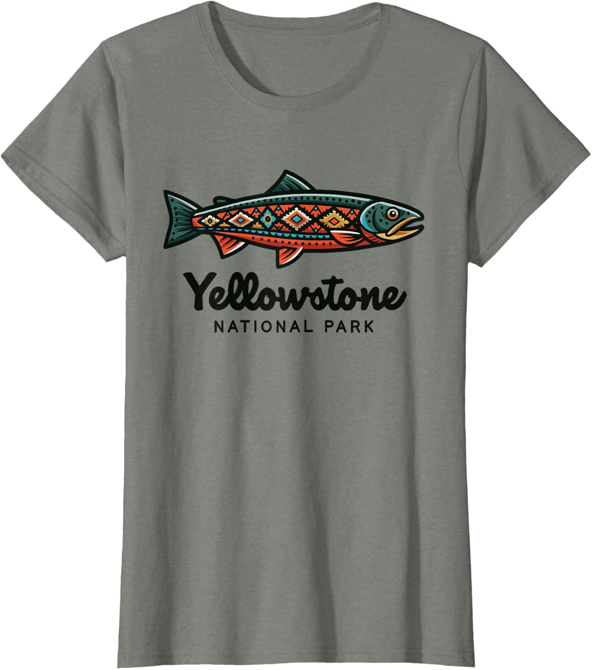 Yellowstone National Park Artistic Trout Fish Fly Fishing T-Shirt - Olive Heather