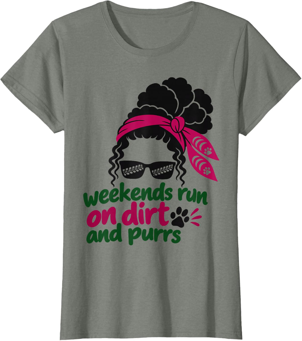 Dirt Bike Cat Lover Weekends Run on Dirt and Purrs Messy Bun T-Shirt - Olive Heather