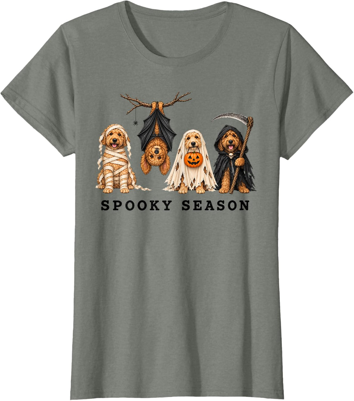 Spooky Season Halloween Goldendoodle Dog Mummy Ghost Bat T-Shirt - Olive Heather