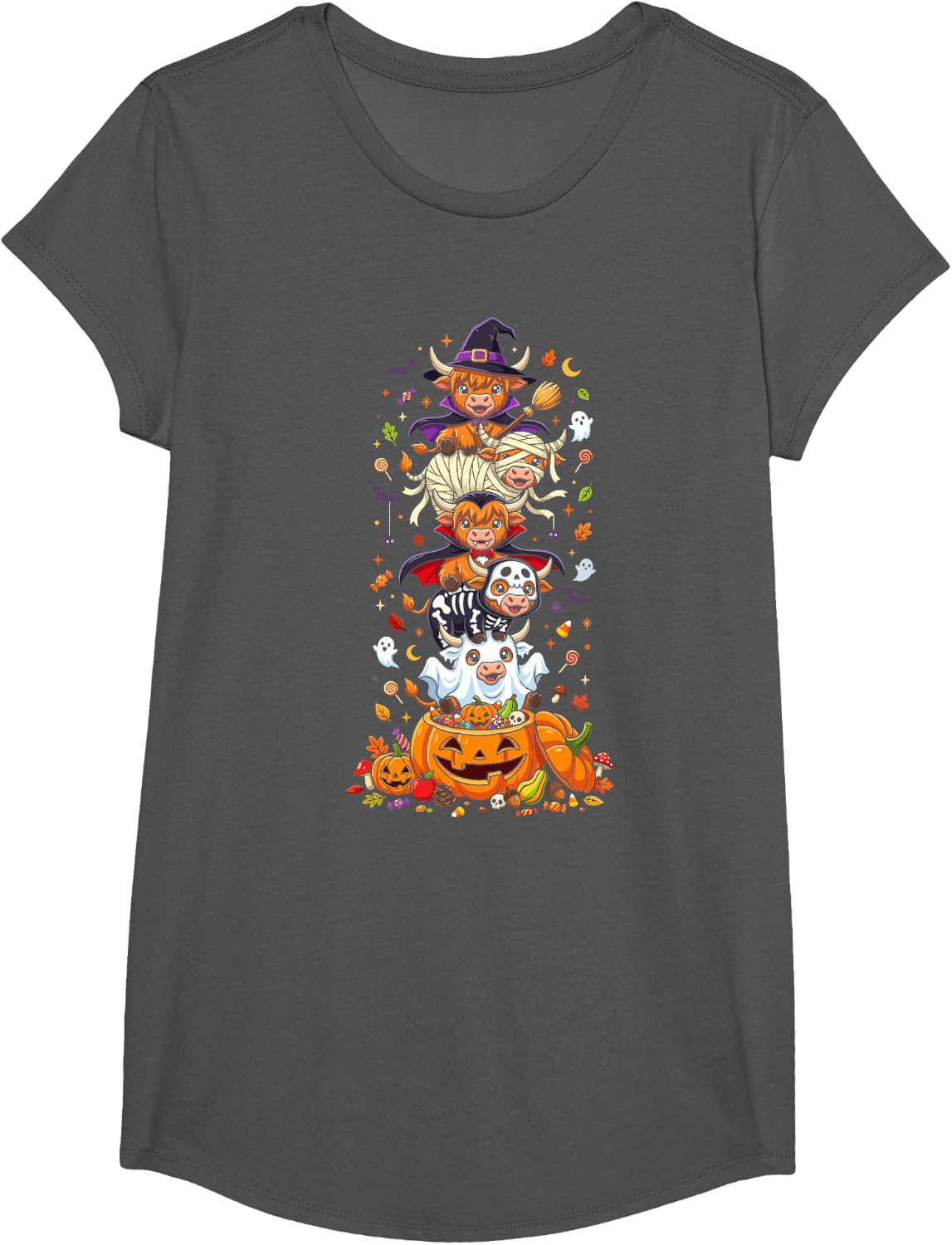 Highland Cow Witch Vampire Ghost Halloween Kids Mens Womens T-Shirt - Girls Asphalt Grey
