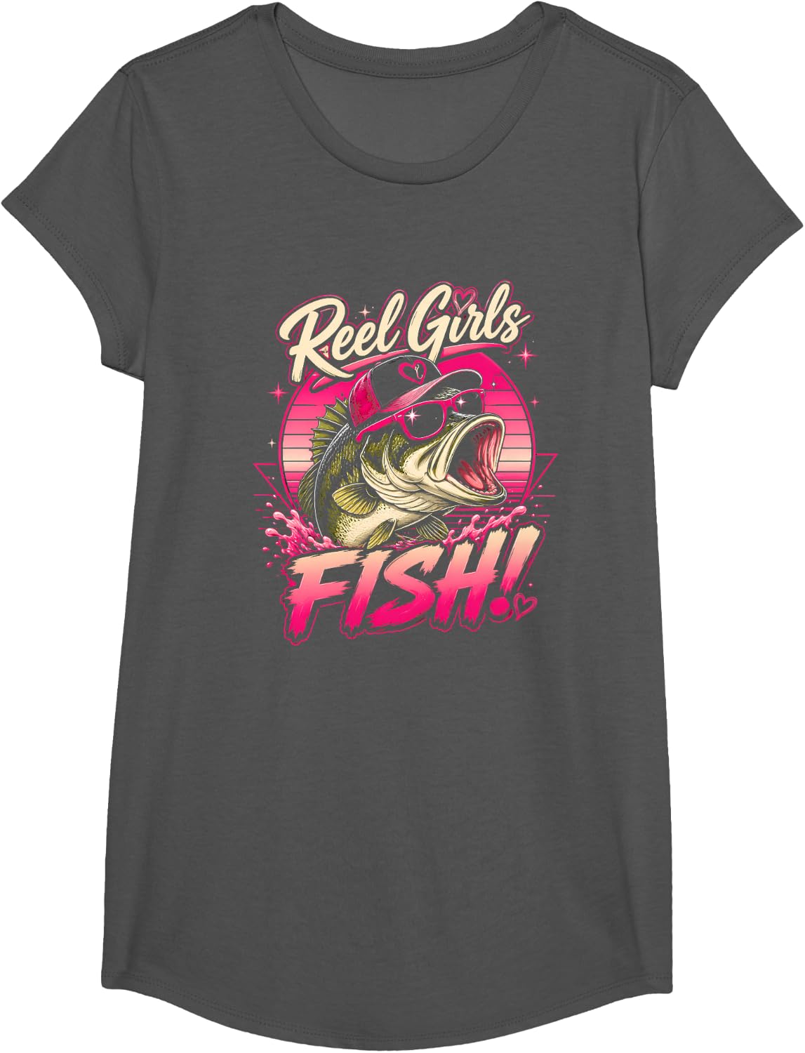 Funny Cartoon Largemouth Bass Sunglasses Angler Humor T-Shirt - Girls Asphalt Grey