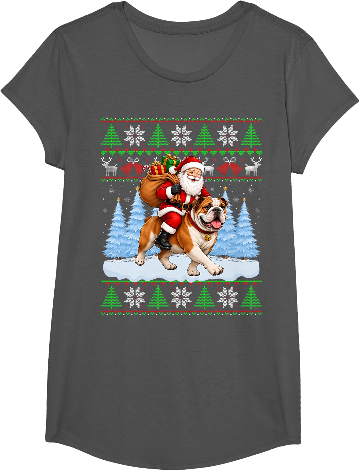 Ugly Xmas Funny Santa Riding English Bulldog Christmas T-Shirt - Girls Asphalt Grey