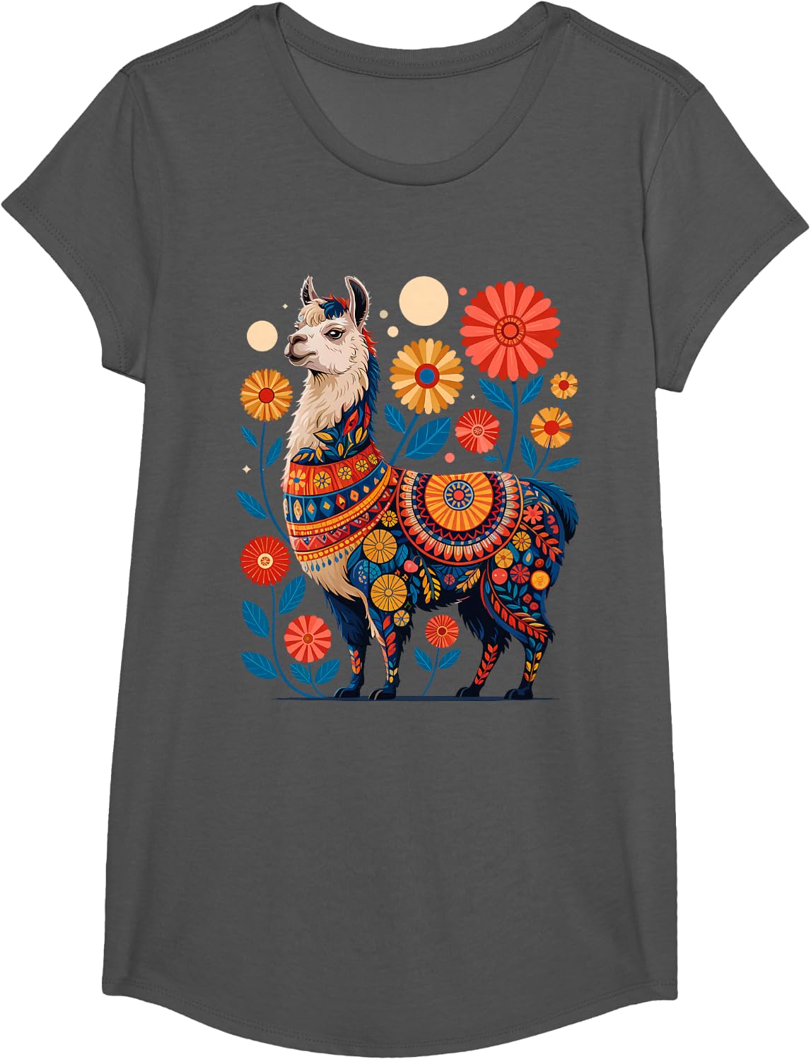 Peru Llama Alpaca Flowers Peruvian Souvenir T-Shirt - Girls Asphalt Grey