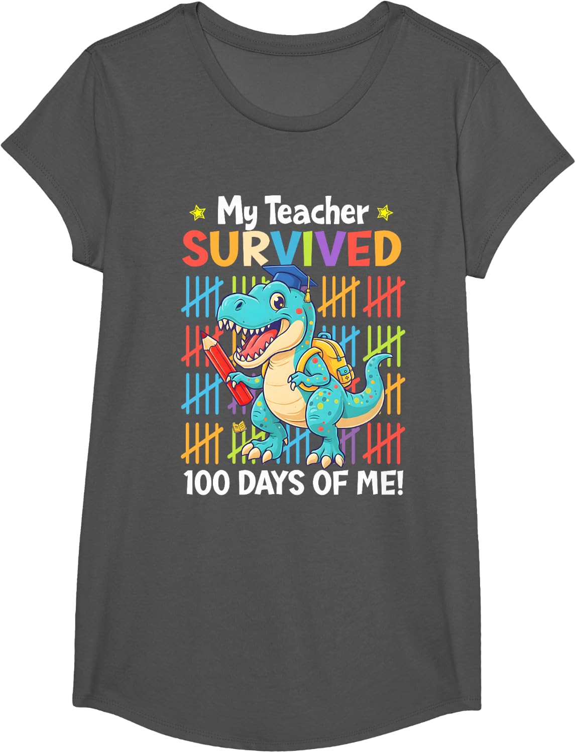 100th Day of School T-Shirt Tee for Teachers - Girls Asphalt Grey