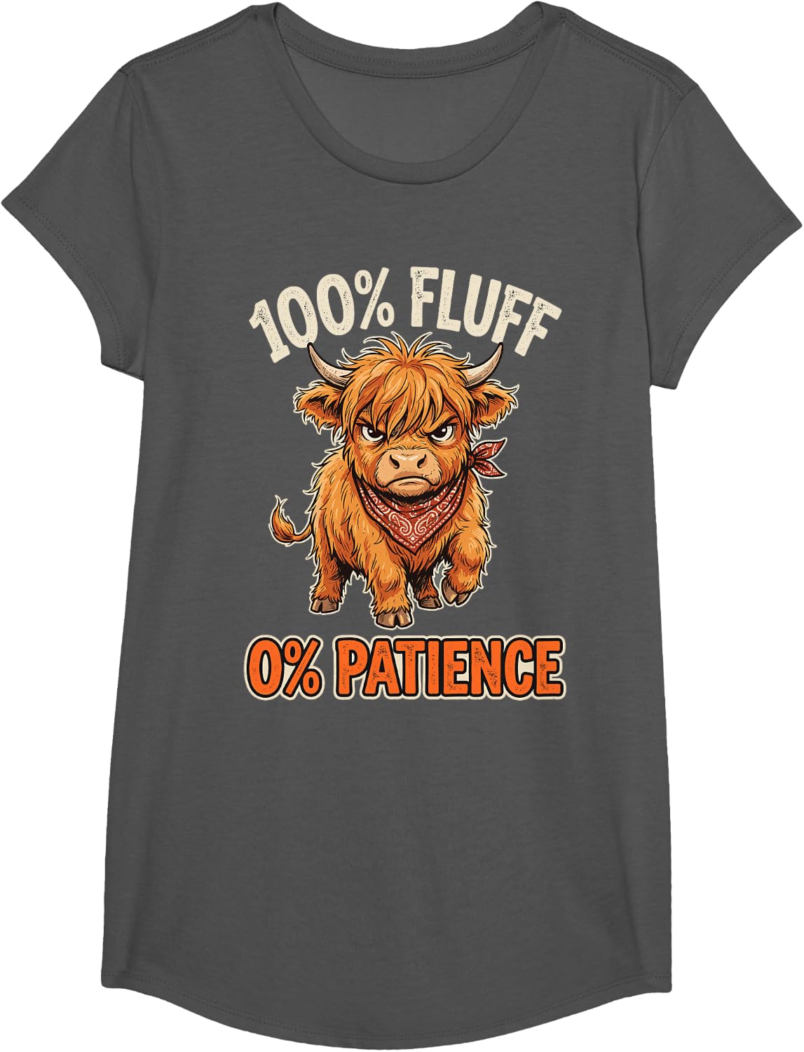 100% Fluff 0% Patience - Funny Highland Cow T-Shirt - Girls Asphalt Grey