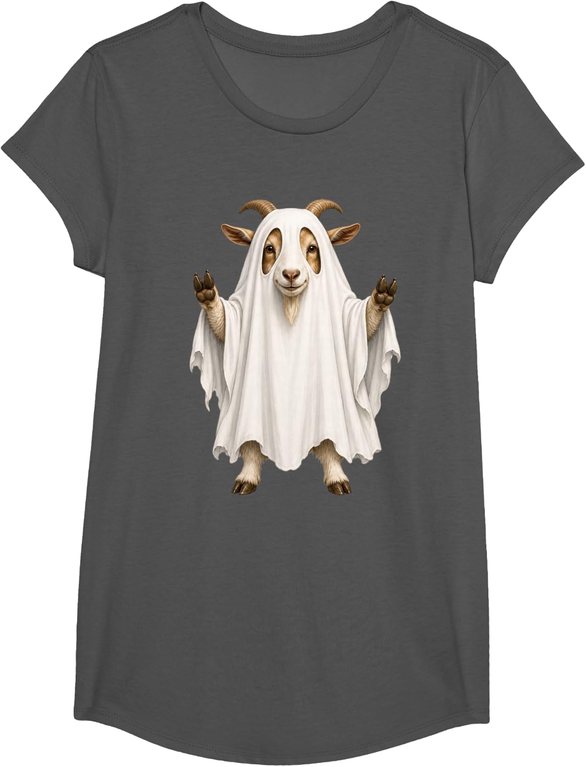 Goat Ghost Halloween T-Shirt - Girls Asphalt Grey