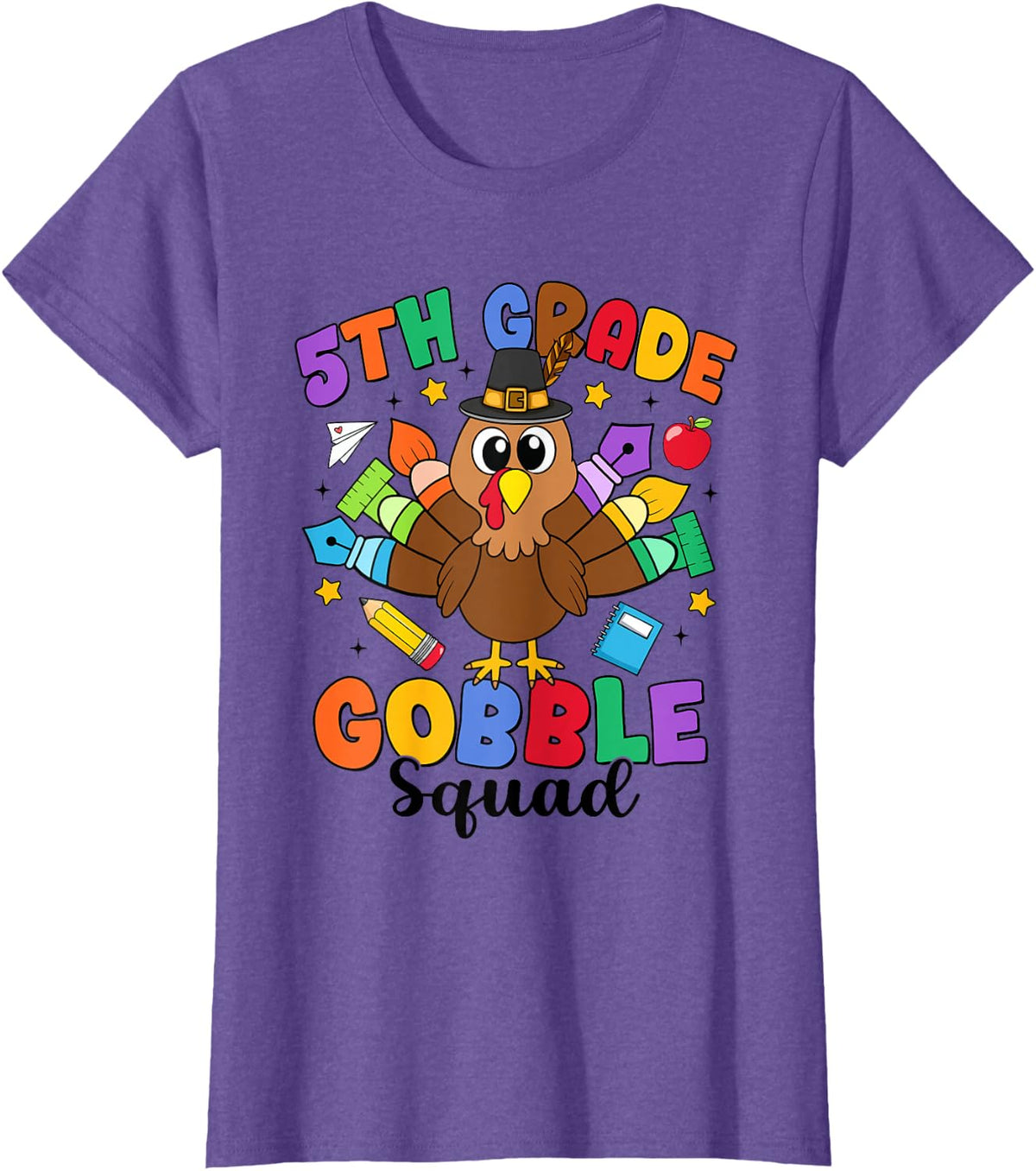 Fifth Grade Gobble Squad Turkey Funny Teacher Thanksgiving T-Shirt - Purple Heather