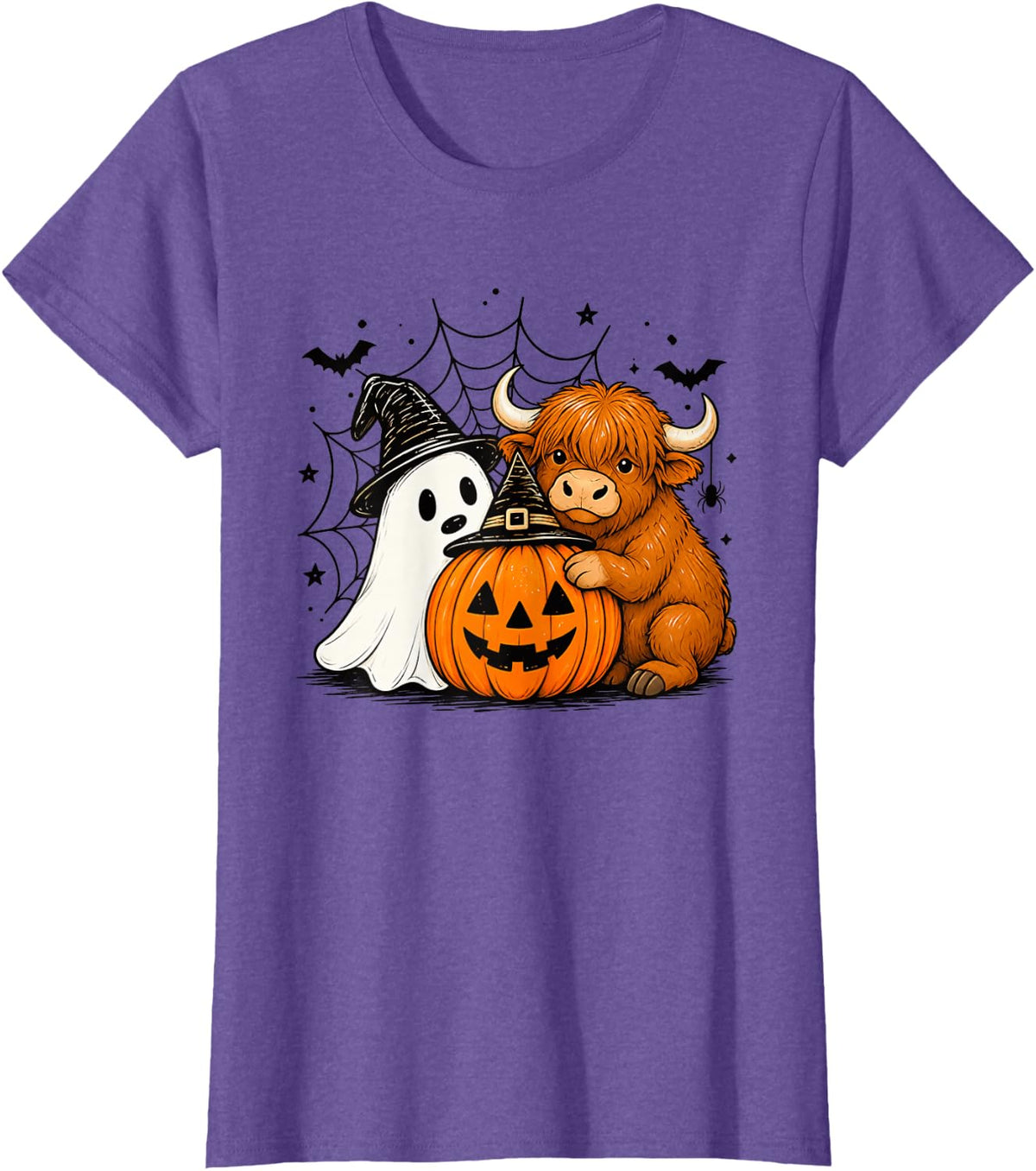 Highland_Cow Halloween Ghost Pumpkin Cute Spooky Costume T-Shirt - Purple Heather