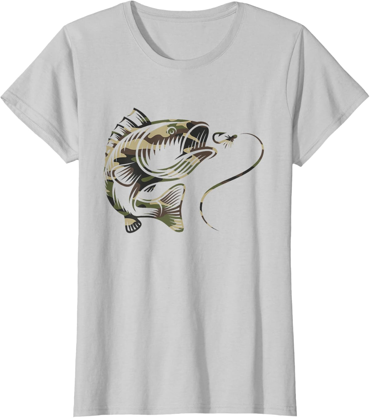 Camouflage Bass Fishing T-Shirt Angler Camo Hook Line Gift T-Shirt - Silver Grey