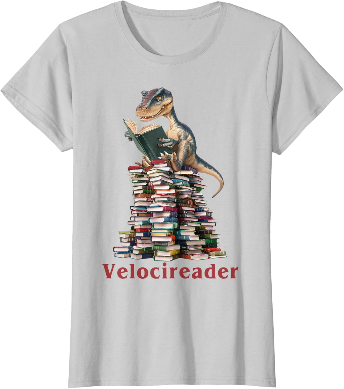Velocireader Dinosaur Velociraptor T-Shirt Tee for Book Lovers Paleontology Fans - Silver Grey