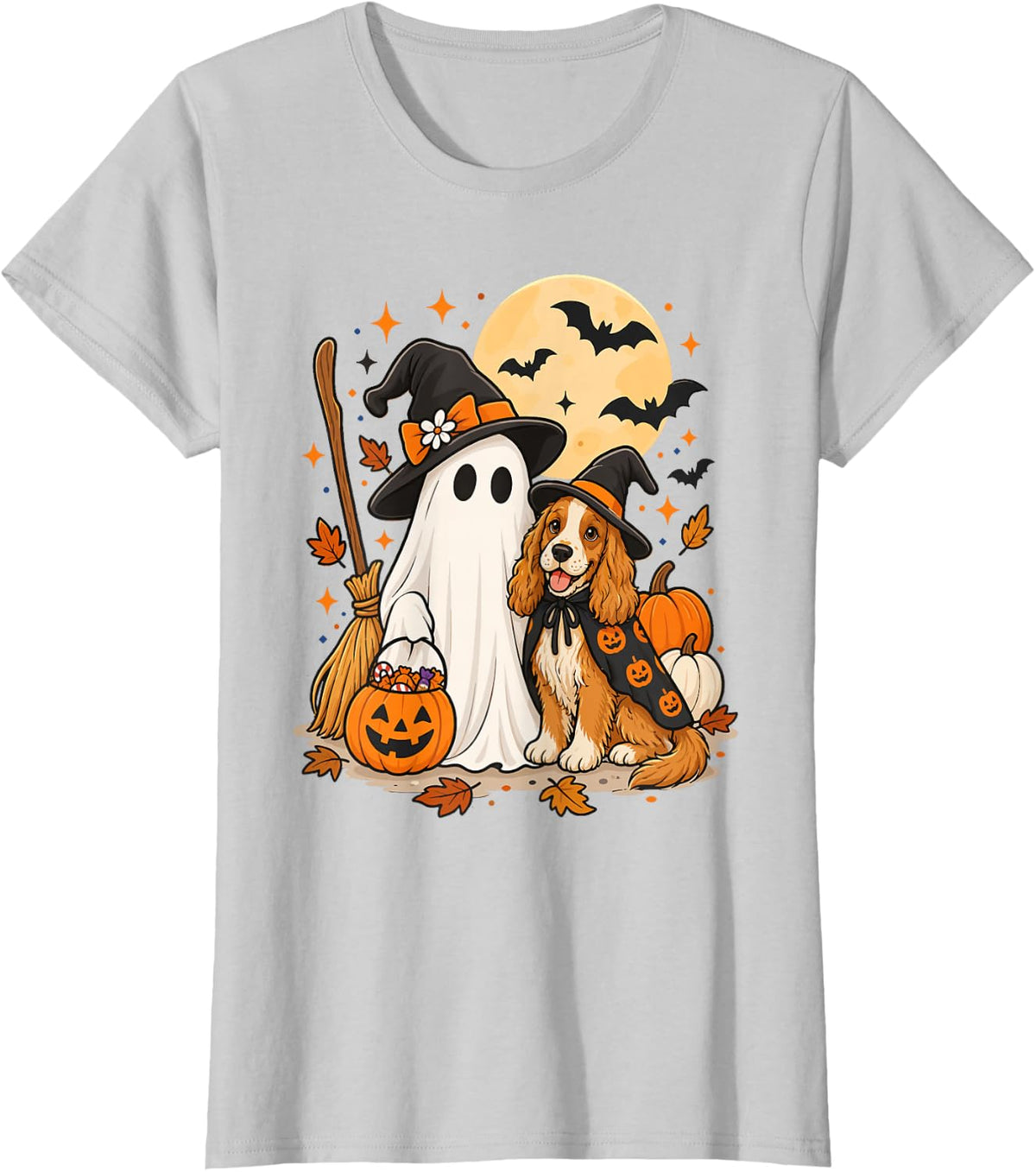 English Cocker Spaniel Ghost Witch Hat Halloween T-Shirt - Silver Grey