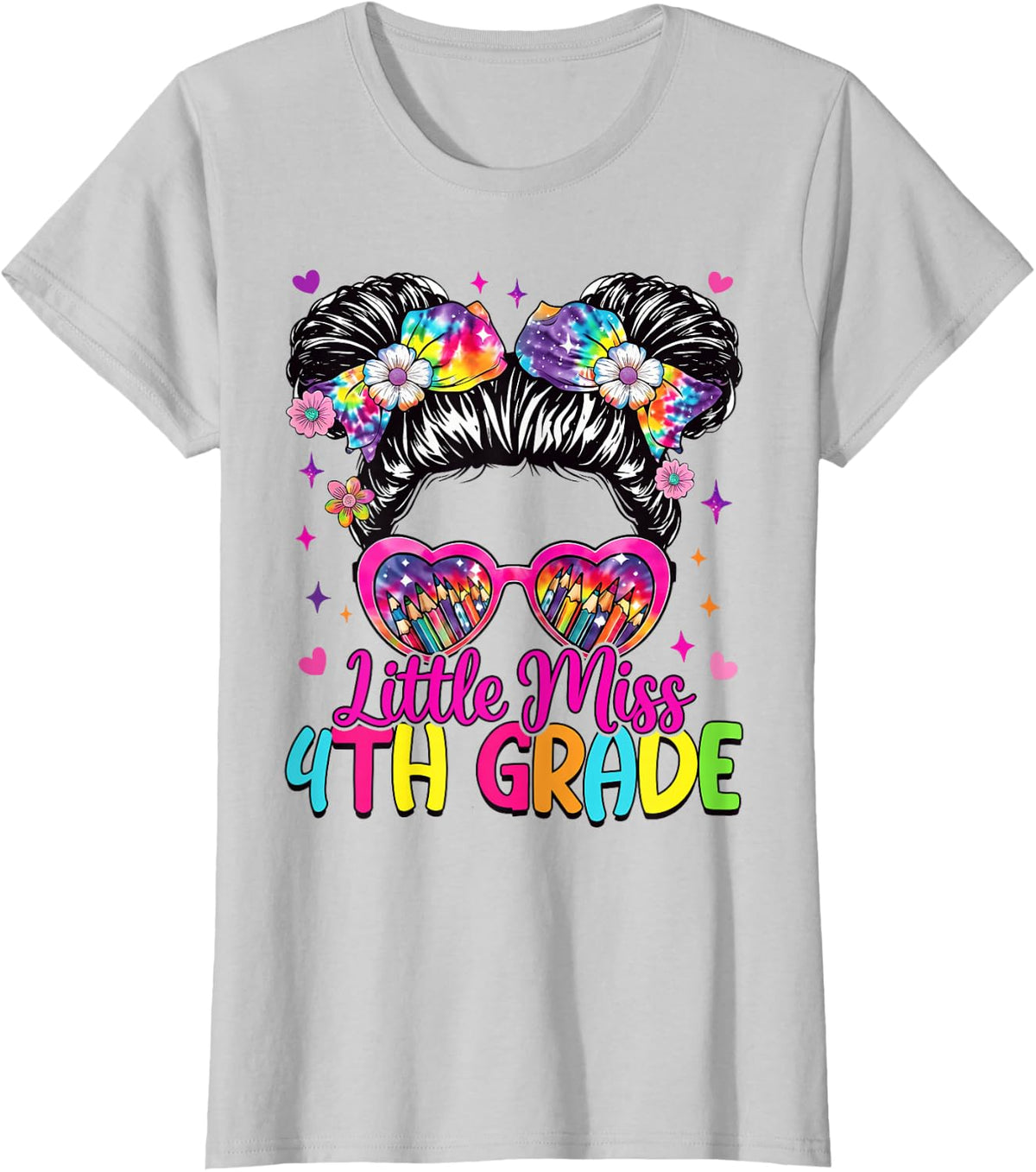 Little Miss 4th Fourth Grade Messy Bun First Day of School T-Shirt - Silver Grey