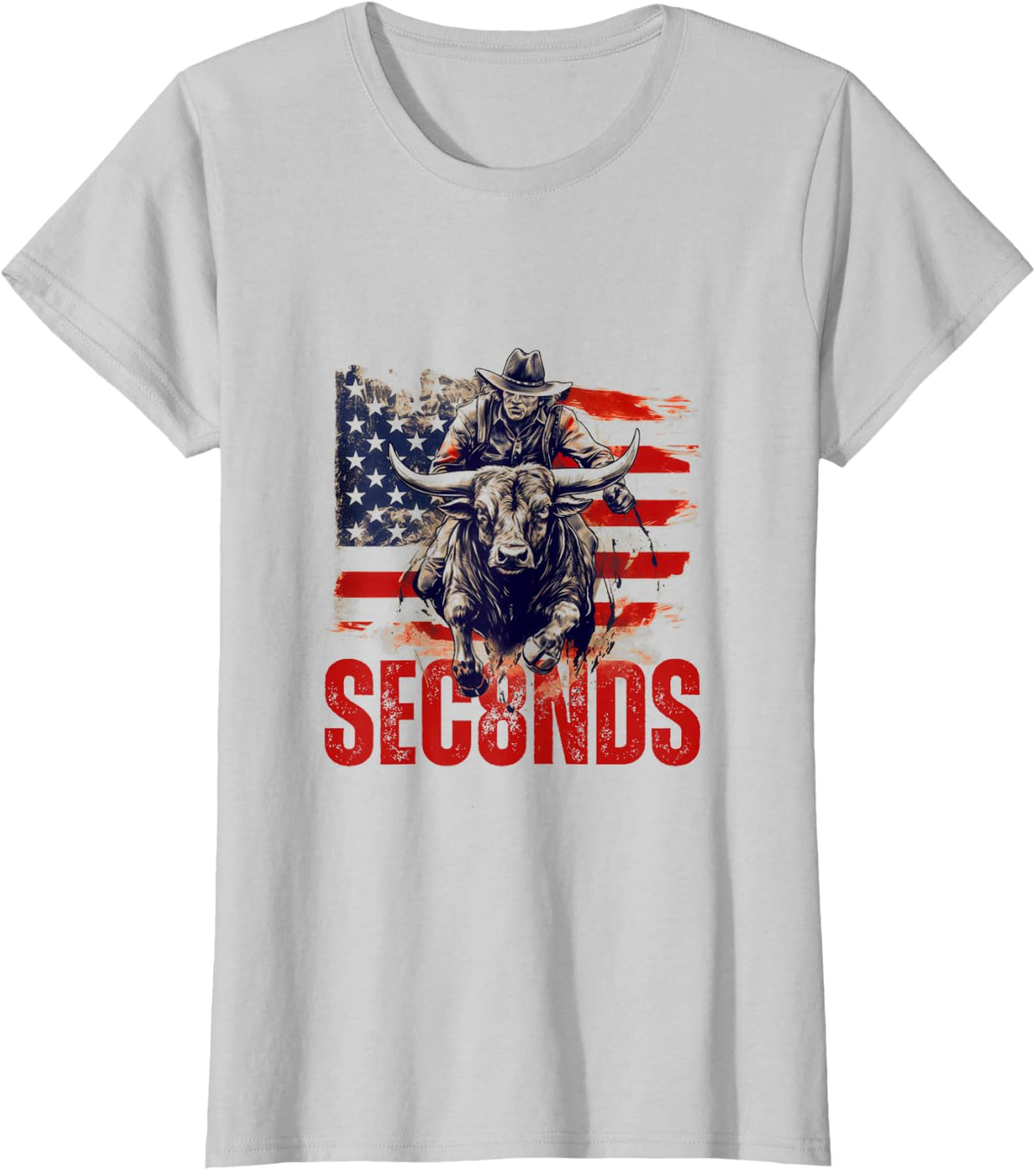 PBR Bull Riding Eight Seconds Rider USA Flag Rodeo Patriotic T-Shirt - Silver Grey