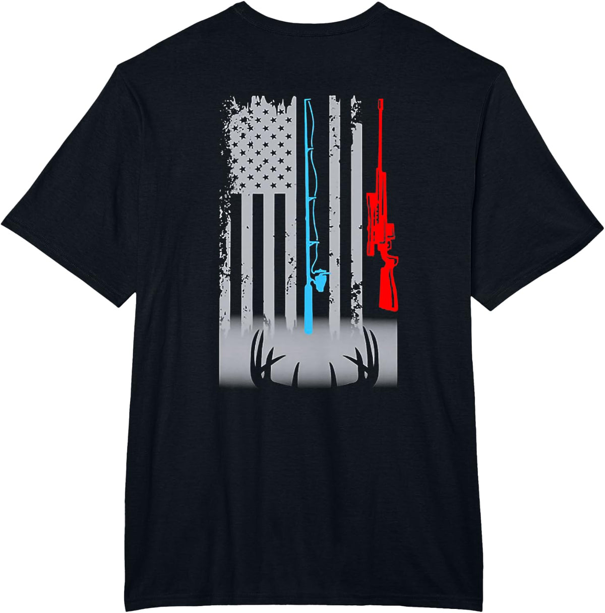 Fishing Rod Shotgun Deer Flag (on back) T-Shirt - Black