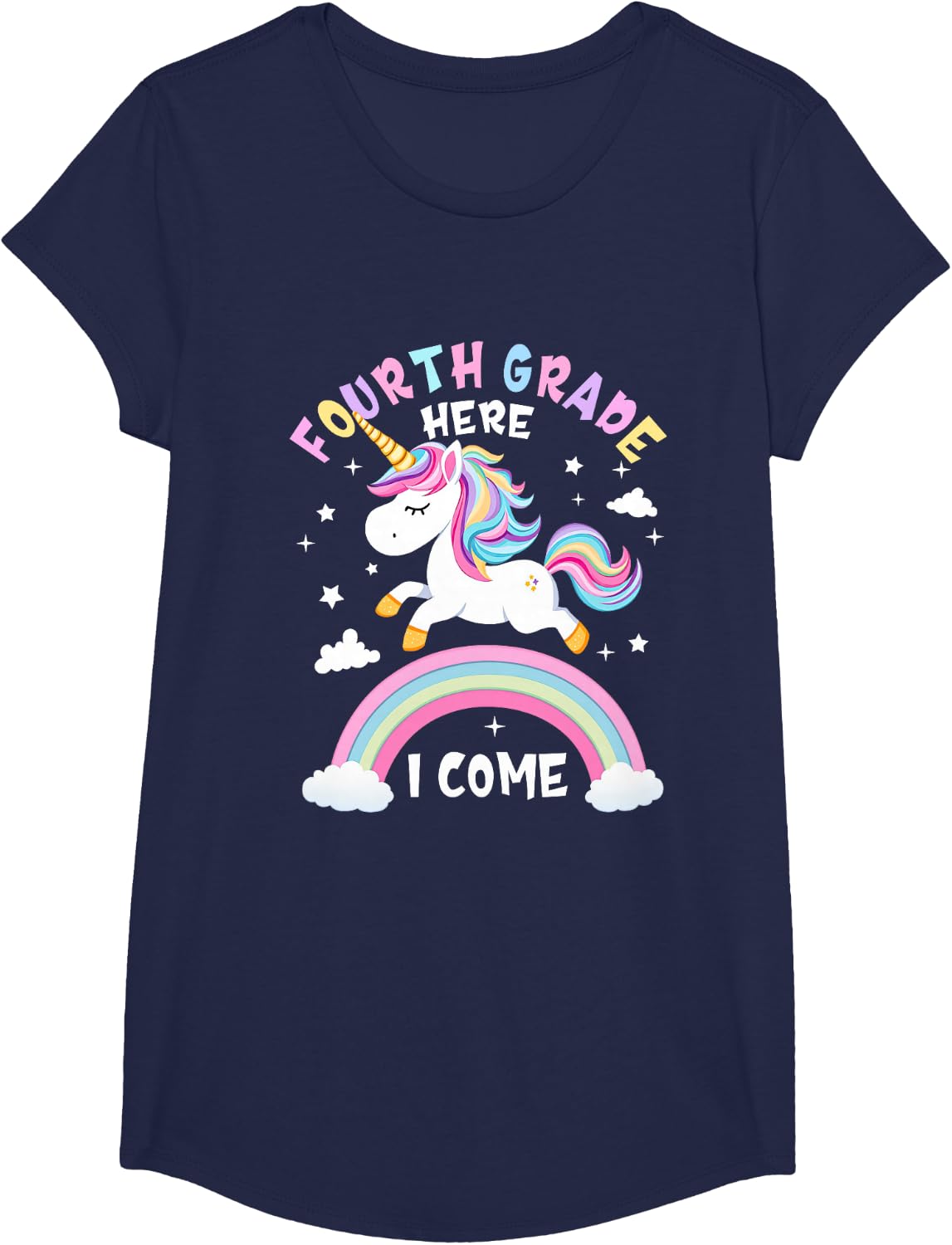First Day of 4th Grade Shirt Girls Fourth Grade Here I Come Unicorn Tees and T Shirts - Girls Navy Blue