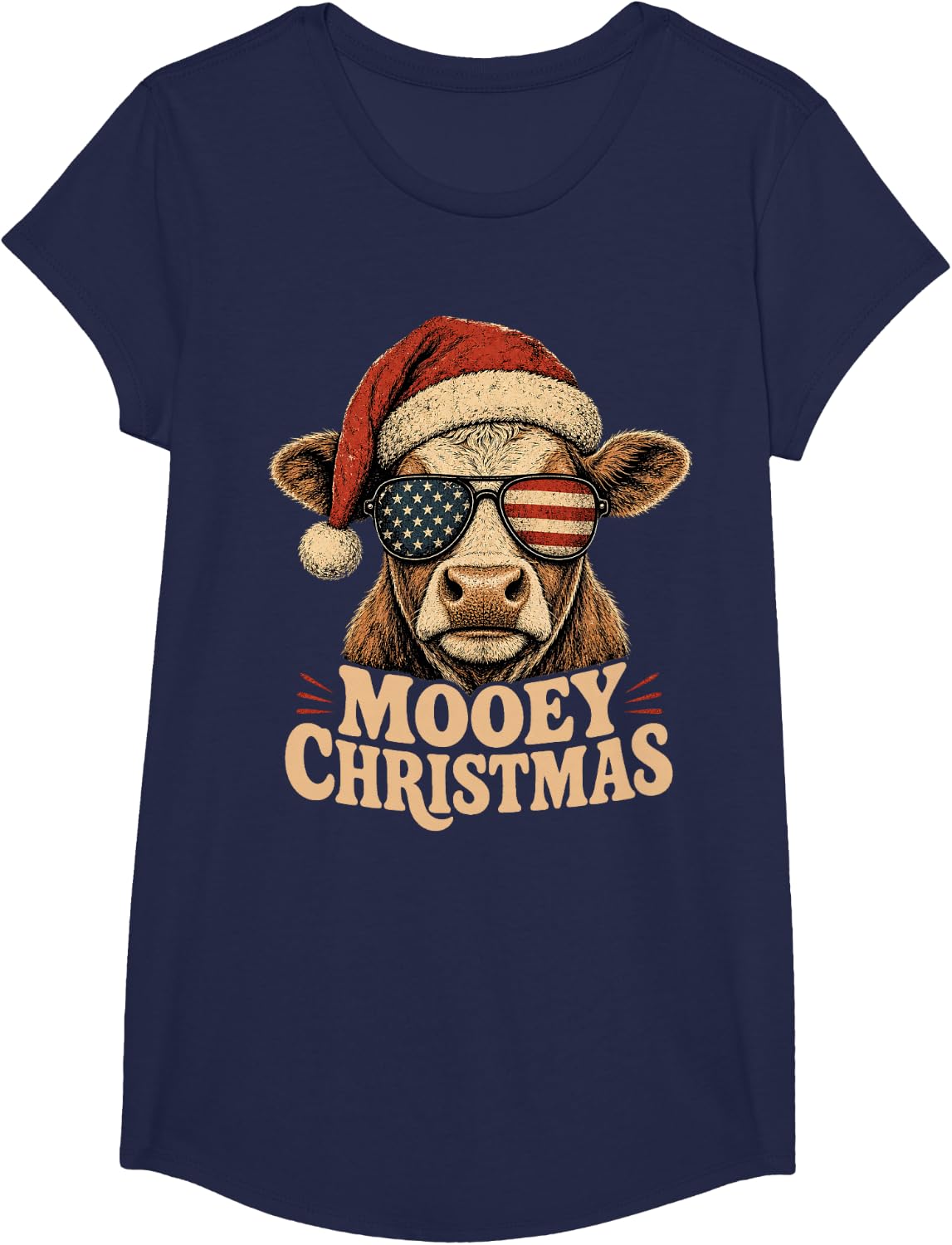 Mooey Christmas Cow USA Flag Sunglasses Patriotic Farmer T-Shirt - Girls Navy Blue