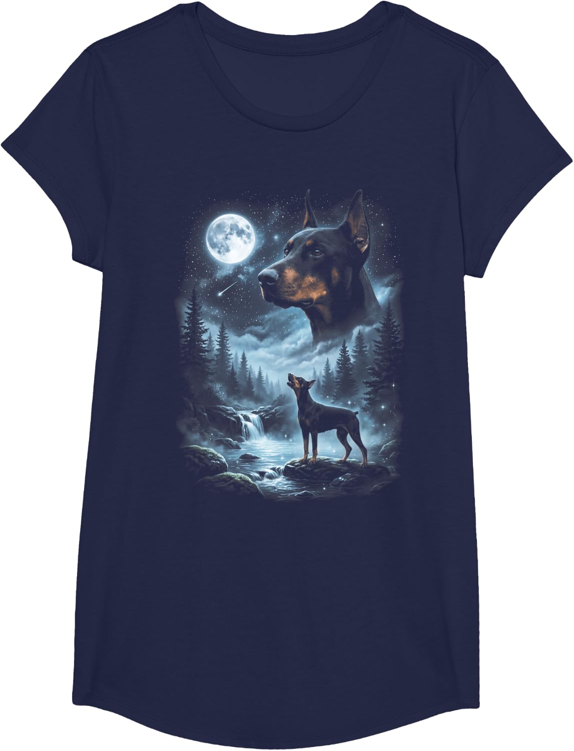 Doberman Pinscher Howling to the Moon Retro 90's Dobie Dog T-Shirt - Girls Navy Blue