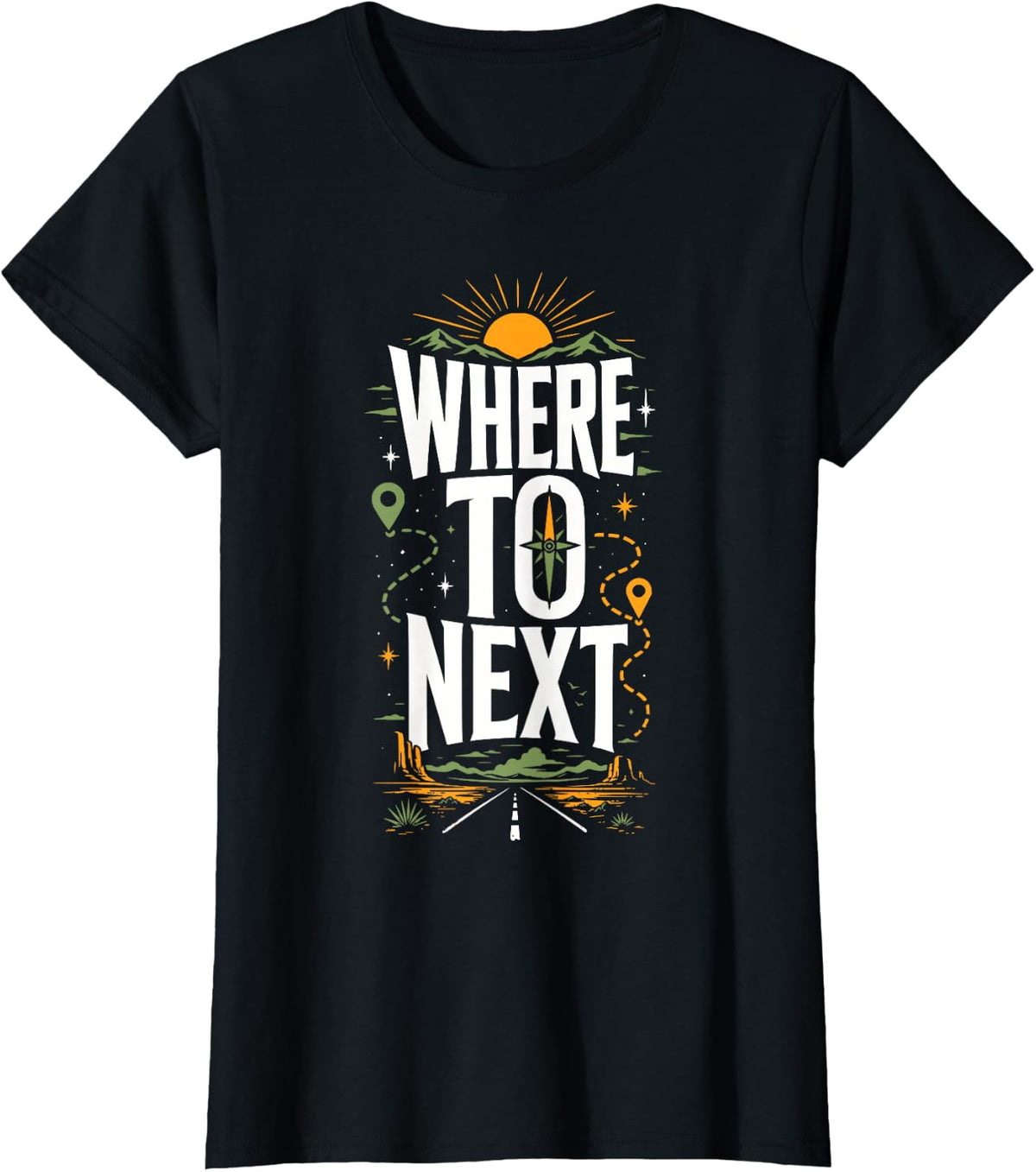 Where to Next Vintage Road Trip Travel Adventure T-Shirt - Black