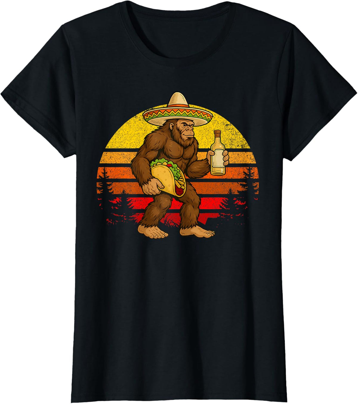 Funny Bigfoot With Taco & Wine Sasquatch Cinco De Mayo T-Shirt - Black