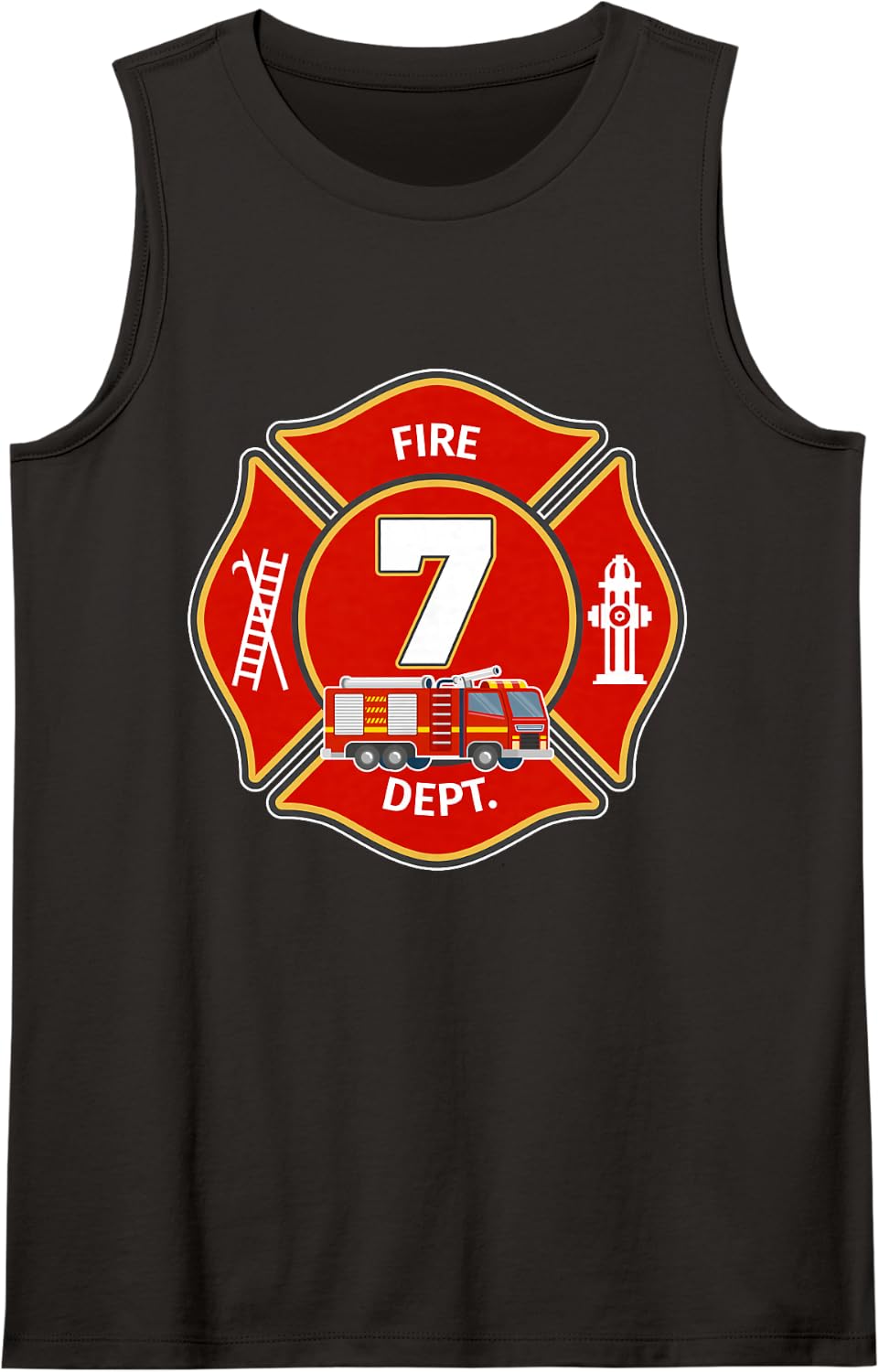 7th Birthday Fire Truck Theme 7 Year Old Firefighter Sleeveless Tank Top - Black