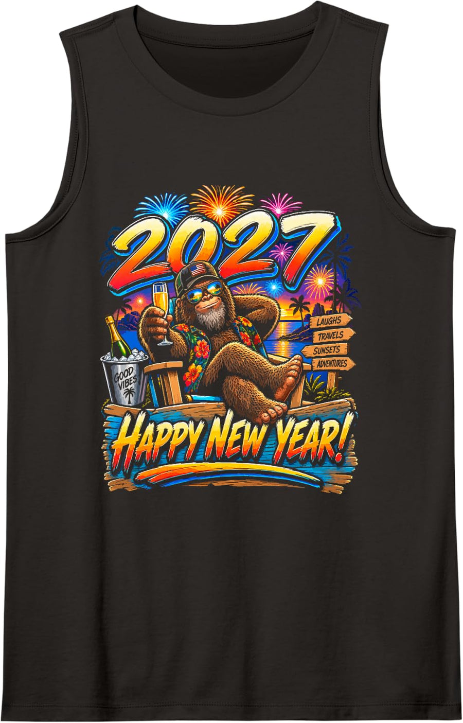 Bigfoot Happy New Year 2027 Tropical Celebration Design Tank Top - Black