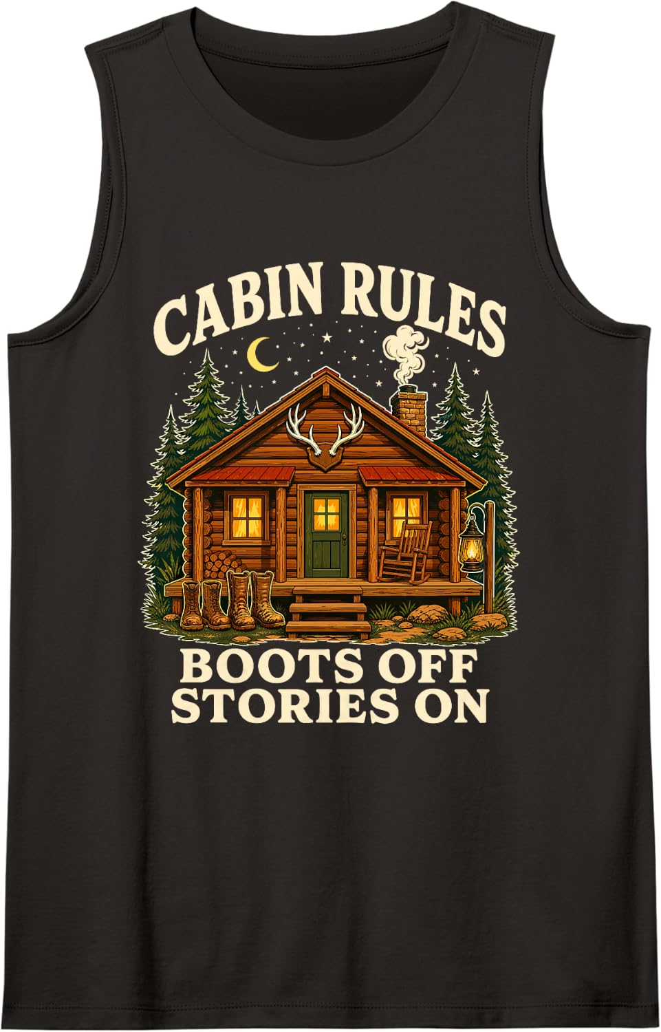 Cabin Rules Boots Off Stories on Deer Hunting Sleeveless Tank Top - Black