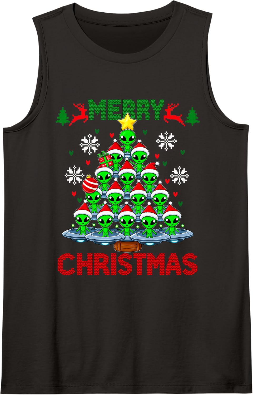 Alien Merry Christmas Holiday UFO Tree Illustration Sleeveless Tank Top - Black