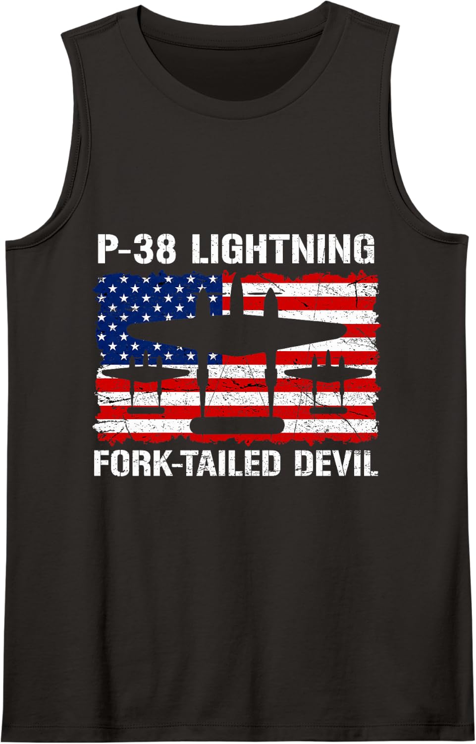 P-38 Lightning WW2 Aircraft Flag USA Fork-Tailed Devil Sleeveless Tank Top - Black