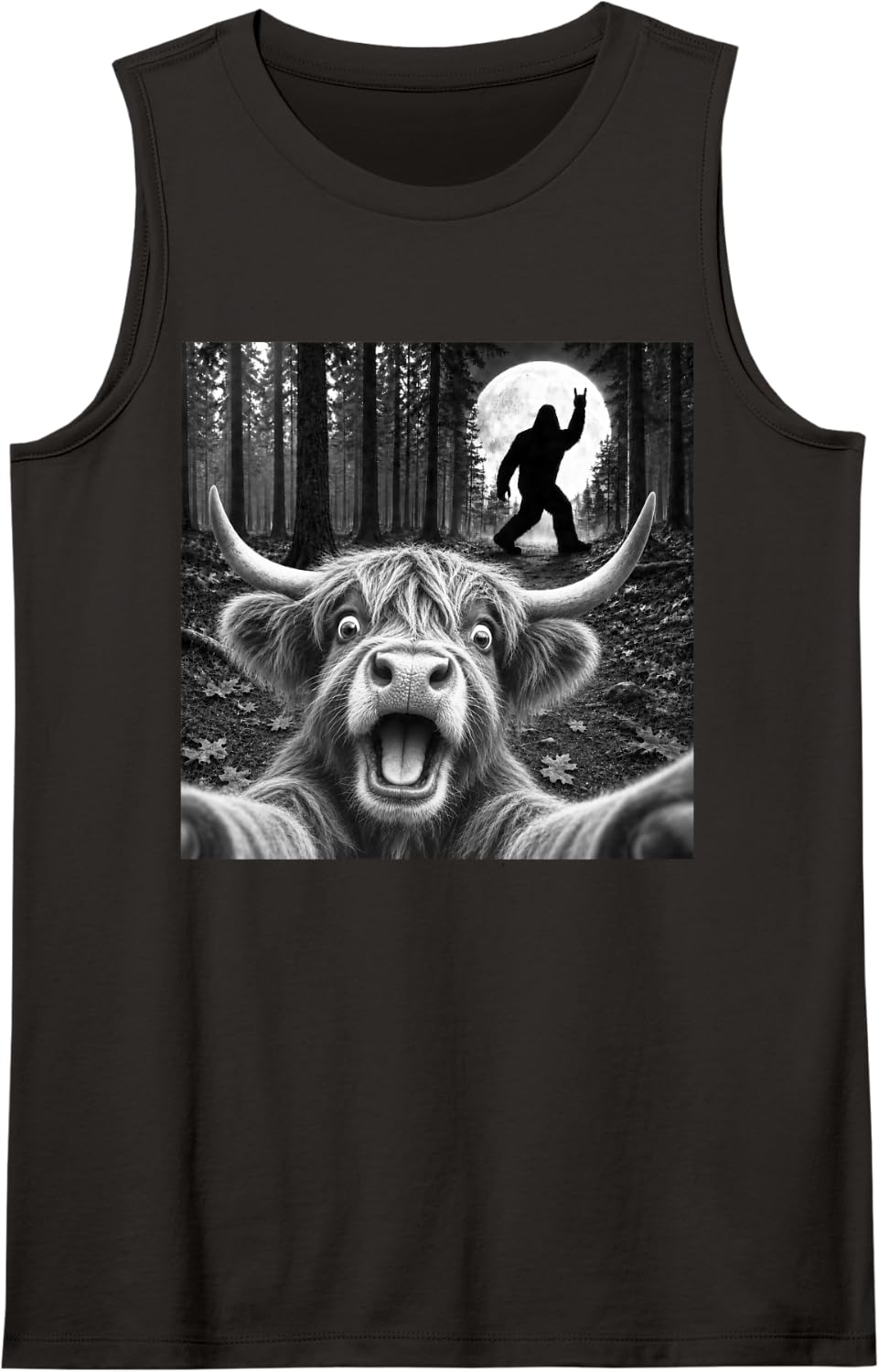 Highland Cow Selfie with Bigfoot Rock and Roll Sasquatch Sleeveless Tank Top - Black