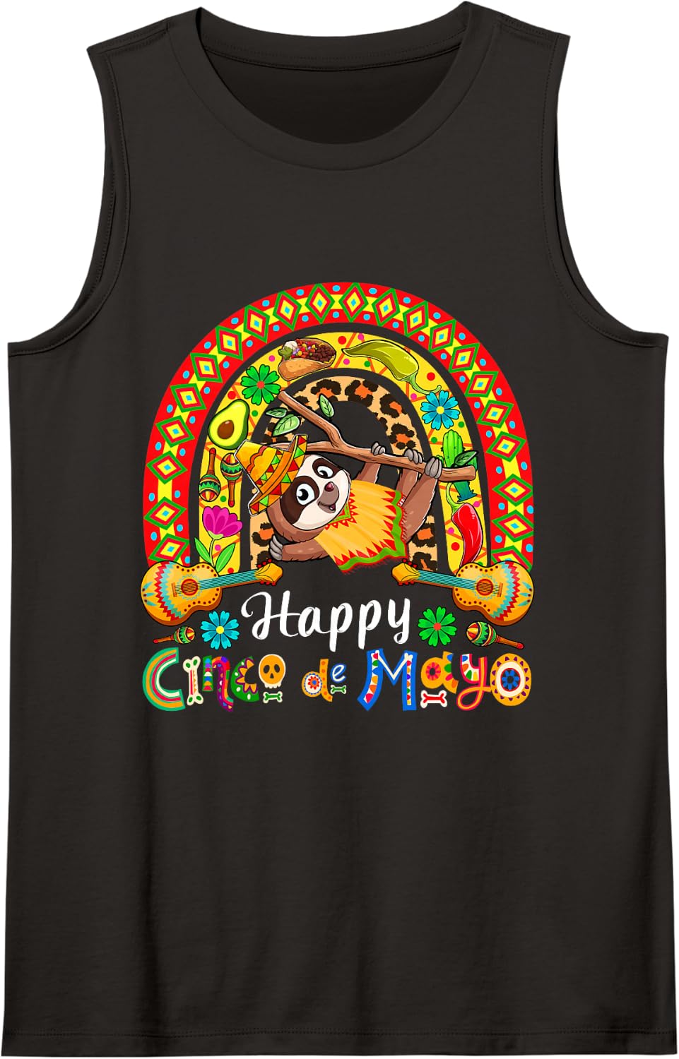 Happy Cinco De Mayo Mexican Sloth Sombrero Rainbow Sleeveless Tank Top - Black