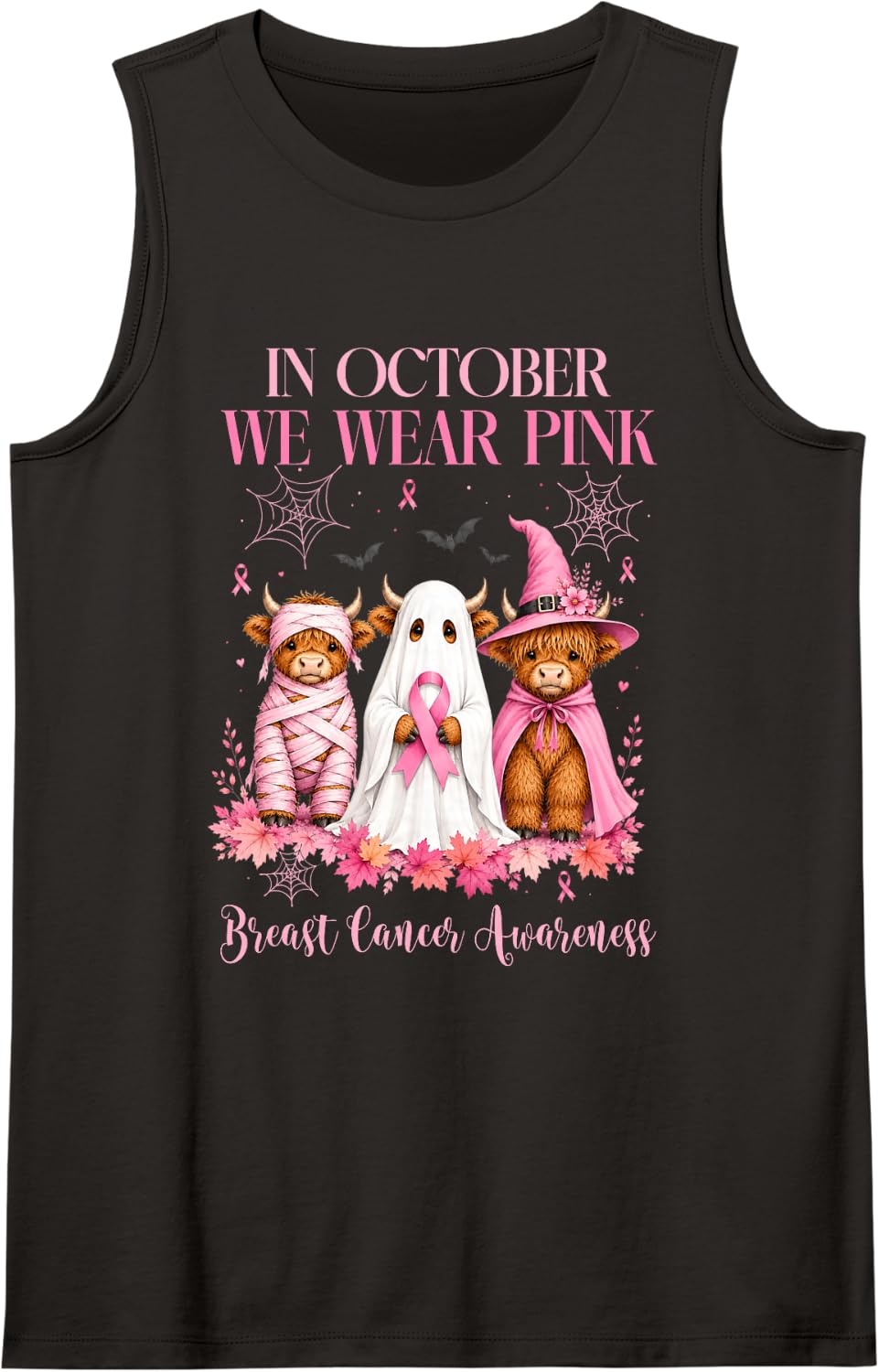 in October We Wear Pink Highland Cow Breast Cancer Awareness Sleeveless Tank Top - Black