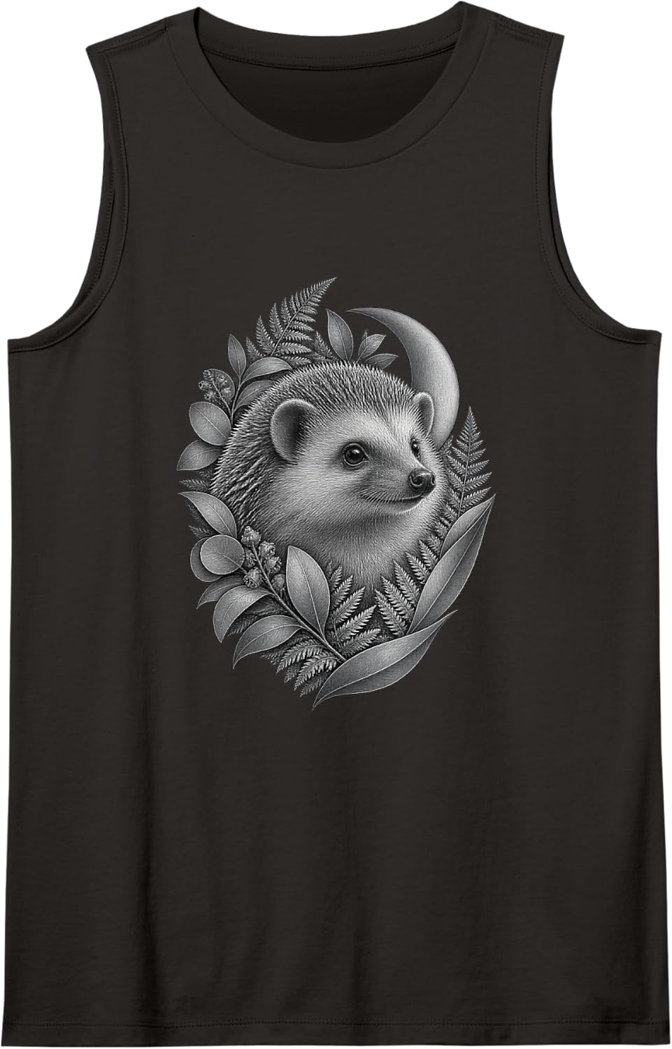 Hedgehog with Crescent Moon Ferns and Eucalyptus Leaves Sleeveless Tank Top - Black