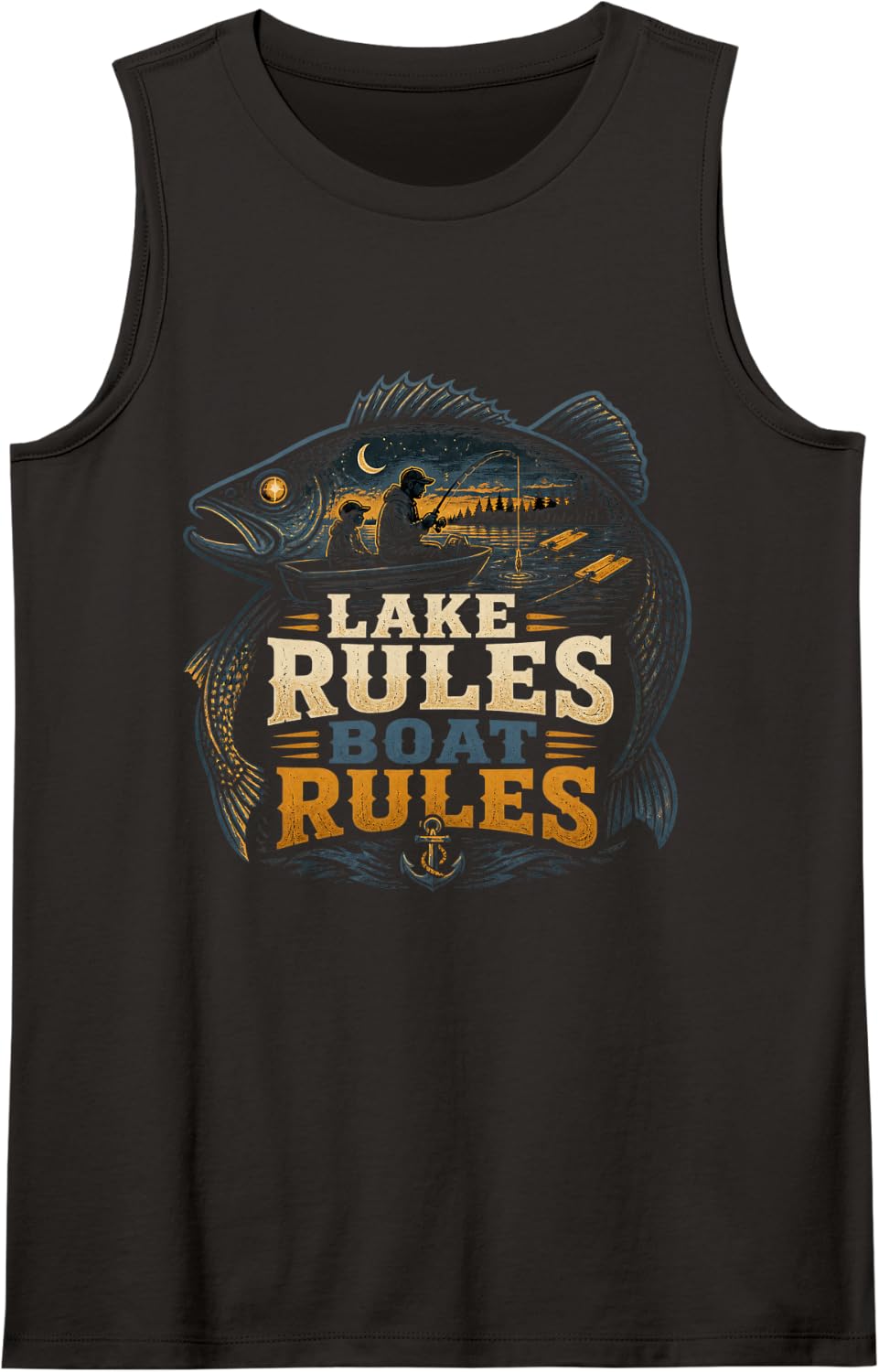 Lake Rules Boat Rules Walleye Fishing Night Jigging Sleeveless Tank Top - Black