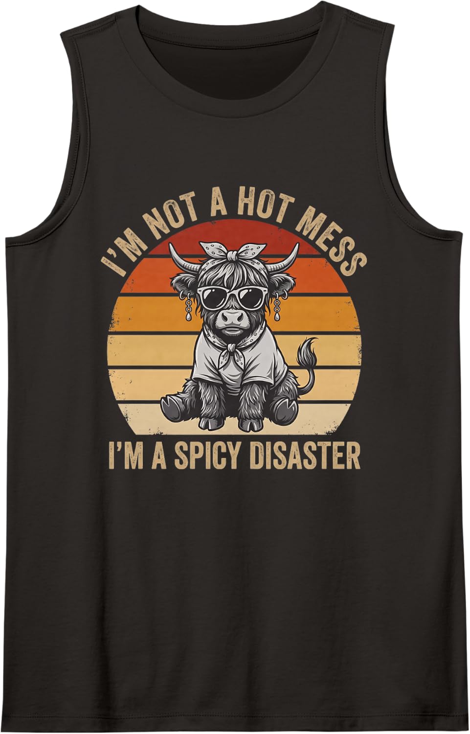 Hot Mess Spicy Disaster Highland Cow Funny Sunset Graphic Sleeveless Tank Top - Black