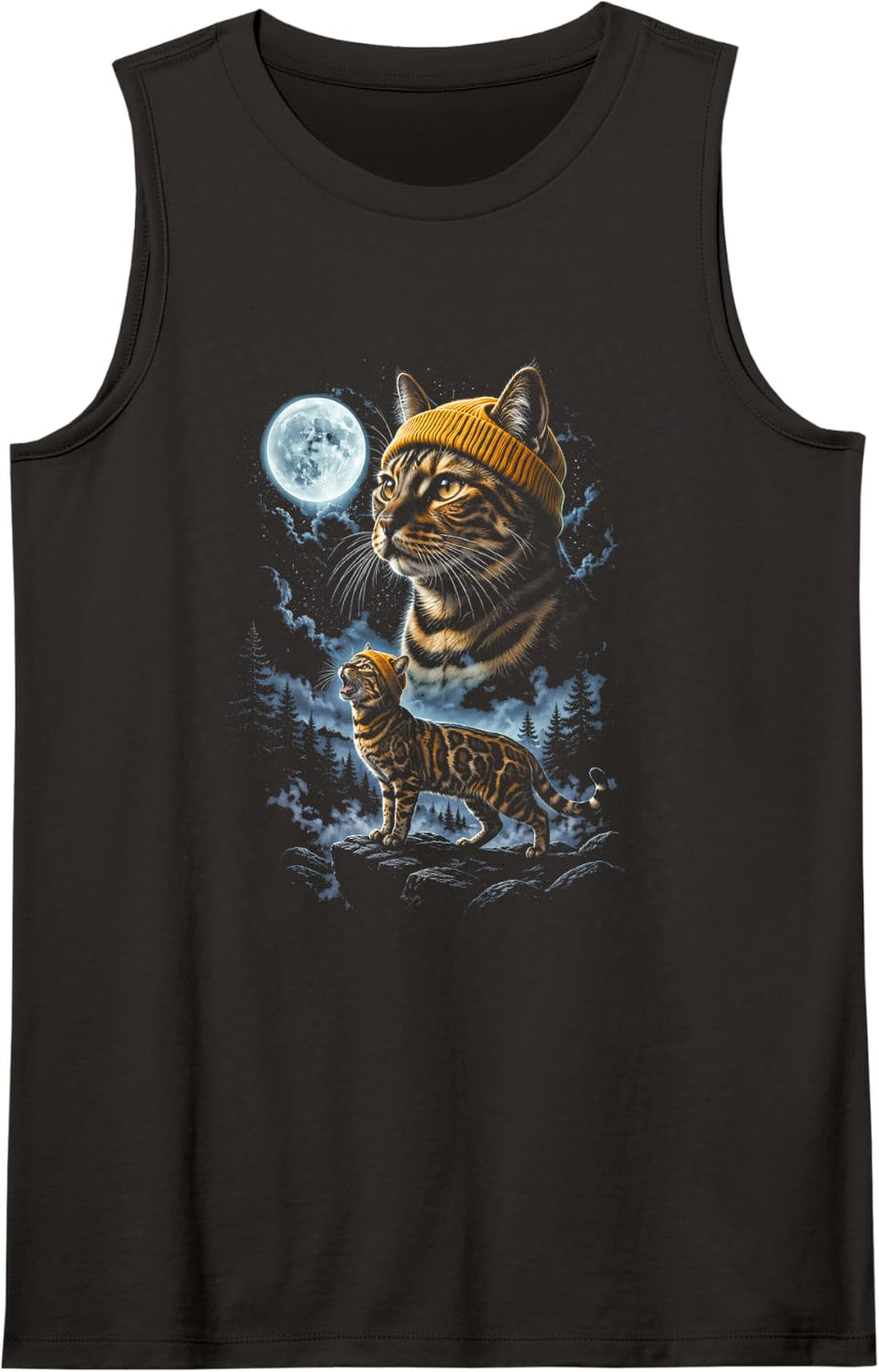 Bengal Hipster Cat Howling At The Moon Lover Sleeveless Tank Top - Black