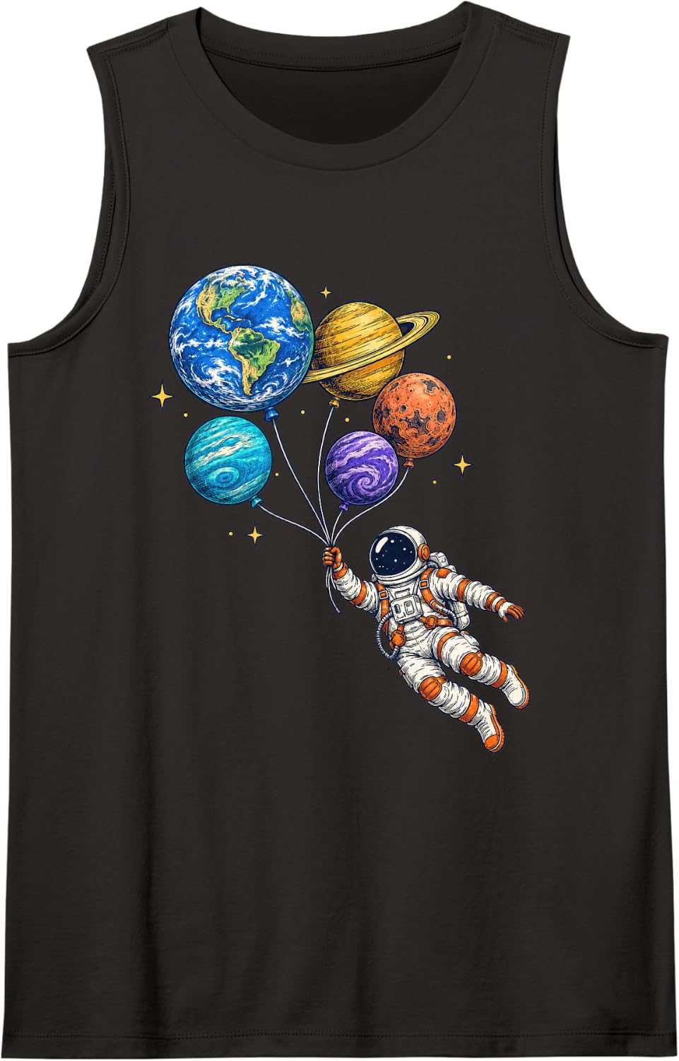 Cute Astronaut Holding Space Kitten and Solar System Balloon Sleeveless Tank Top - Black