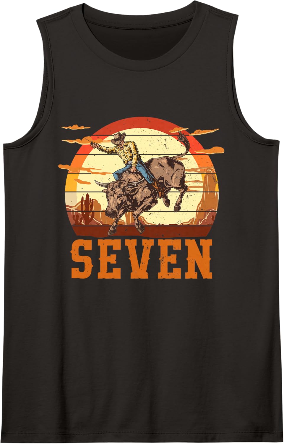 Bull Riding 7th Birthday 7 Years Old Boy Cowboy Rodeo Sleeveless Tank Top - Black