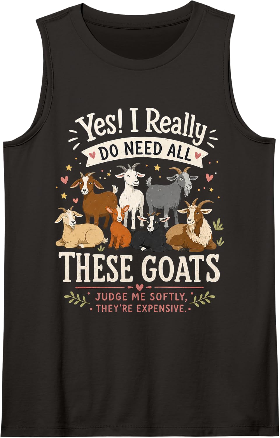 Row of Cartoon Goats - Goat Enthusiast Humor Tank Top - Black